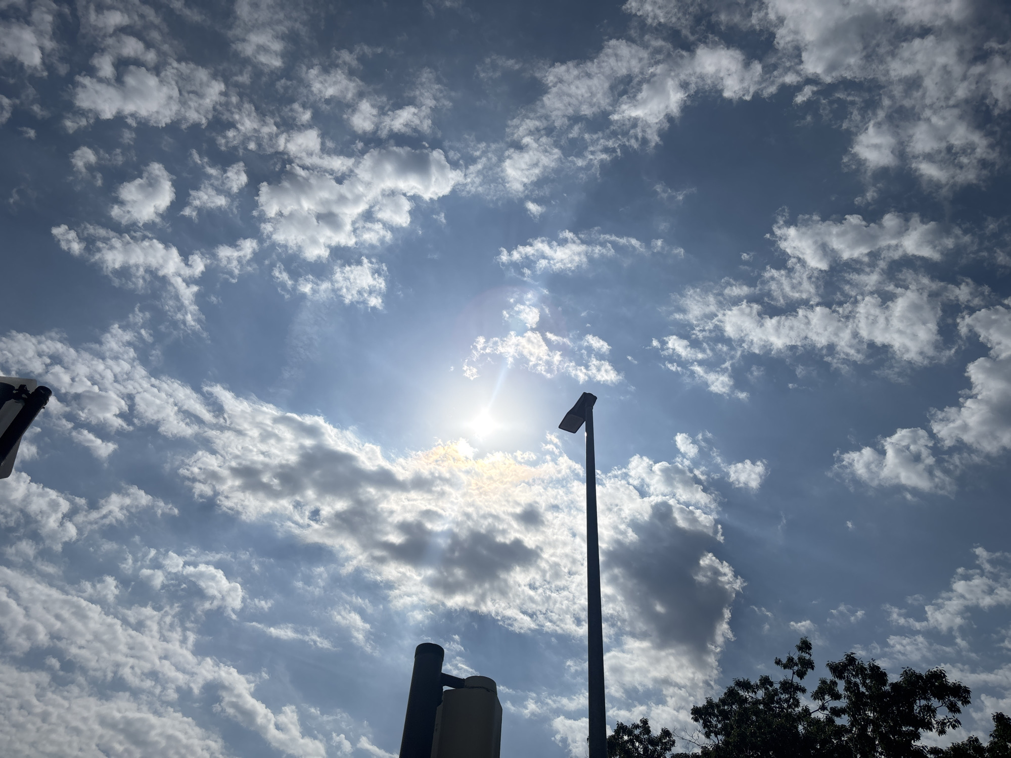 The image shows a bright sky filled with scattered white clouds. The sun is visible, creating a lens flare and casting rays of light through the clouds. In the foreground, silhouetted against the sky, are the tops of trees and two streetlights. One streetlight is tall and slender, while the other appears to be shorter and thicker. A dark object, possibly a traffic signal or another pole, is also visible. The scene is likely outdoors, in an urban or suburban setting, given the presence of streetlights and trees. The specific location in Celle, Germany is not discernible from the image itself.