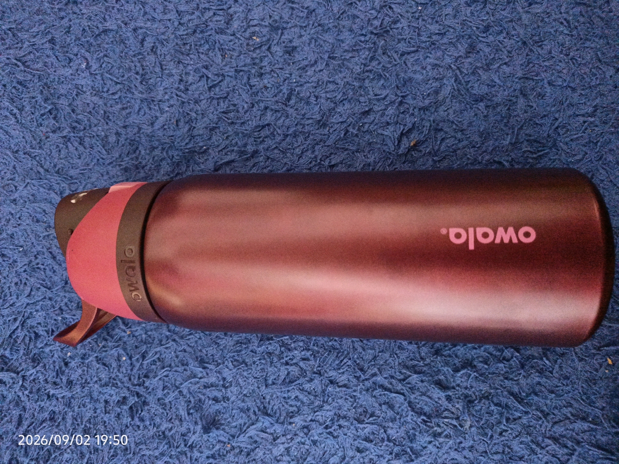A maroon Owala water bottle with a pink accent band is lying horizontally on a blue, textured surface, possibly a carpet or rug. The Owala logo is visible on the bottle, printed in white. The timestamp "2026/09/02 19:50" is present in the bottom left corner of the image. There are no people or specific environmental details that would suggest a location within the city of Tebuwung, Indonesia.