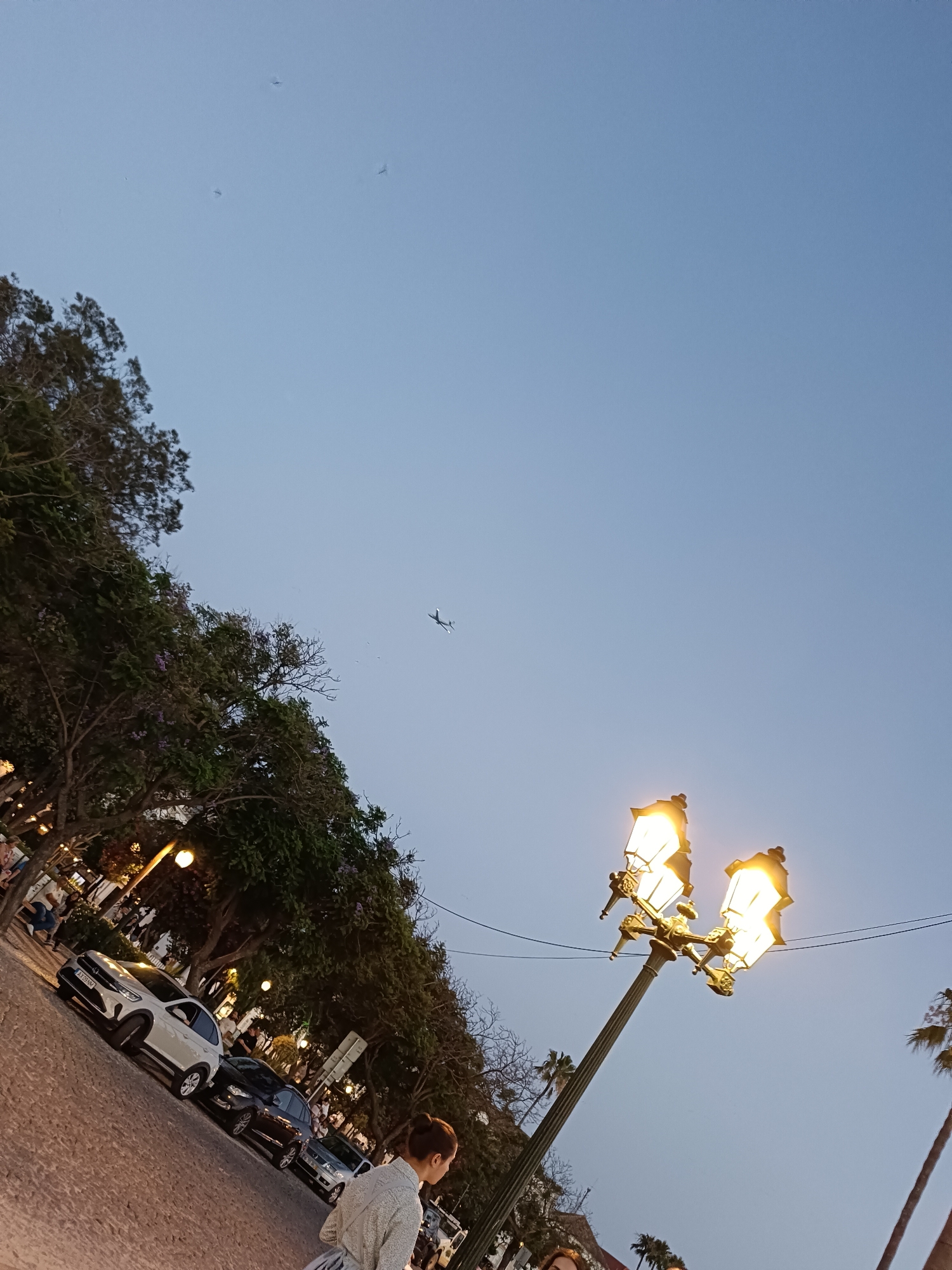 An outdoor, low-angle shot captures a street scene at dusk. A woman in a light-colored hooded jacket is walking away from the camera, towards the left of the frame. A lamppost with two illuminated globes stands in the mid-right of the image, casting a warm glow. In the background, several cars are parked along the street, and trees line the left side of the frame. The sky is a clear, pale blue. A small airplane is visible in the upper portion of the sky. The location is Unknown, Unknown.