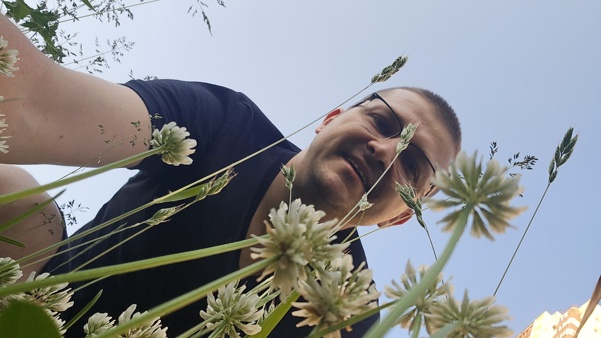 An extreme low-angle, wide-shot photograph captures a man in a black t-shirt and glasses, looking up at the camera through tall blades of grass and white clover flowers. The man's head and upper chest are visible, positioned slightly off-center to the right. His gaze is directed upwards, and his mouth is slightly open as if speaking or smiling. The background is a clear, pale blue sky. The foreground is dominated by the green stalks and white flower heads of clover, with some taller grasses also present. The perspective suggests the photo was taken from a lying position on the ground. There is a partial view of a light-colored building structure visible in the upper right corner of the image. The image does not provide information about the location in Kyiv, Ukraine.