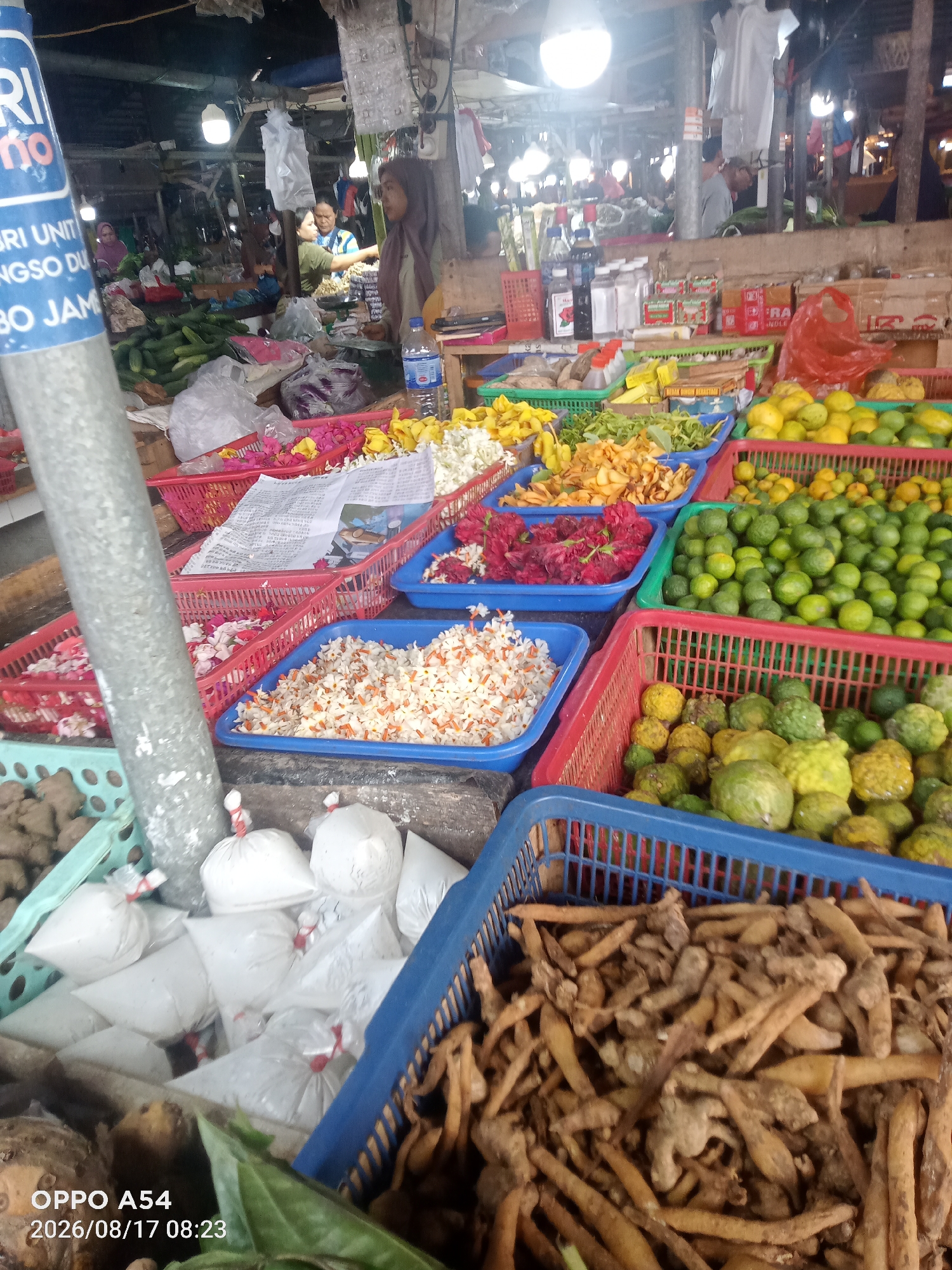 This image depicts a bustling market scene, likely in Jambi, Indonesia, given the text overlay "OPPO A54 2026/08/17 08:23" which suggests a recent timestamp from that region, and the presence of what appears to be local produce. The foreground is dominated by several blue and red plastic baskets filled with various items. In the front right basket are numerous gnarled, brown roots or rhizomes, possibly ginger or turmeric. To the left of this, there are white plastic bags tied with red string, some containing a powdery white substance, and other bags containing loose white granular material. Behind these, to the left, is a blue-green speckled basket holding more of the root-like produce.
Moving towards the center and background, more baskets are visible, showcasing a colorful array of goods. A red basket contains a pile of small, green, bumpy citrus fruits, possibly kaffir limes. Next to it, a green basket is filled with round, green limes. Further to the right, a red basket is filled with yellow and green citrus fruits, likely lemons and limes. There are also baskets containing small white flowers, and other baskets with various dried produce like thinly sliced yellow pieces and green leafy vegetables. In the far background, several people are visible, including a woman in a headscarf attending a stall with bottles and boxes. The overall environment appears to be an open-air market with a covered ceiling, illuminated by overhead lights. The image captures a vibrant snapshot of commerce and daily life in a Jambi marketplace.