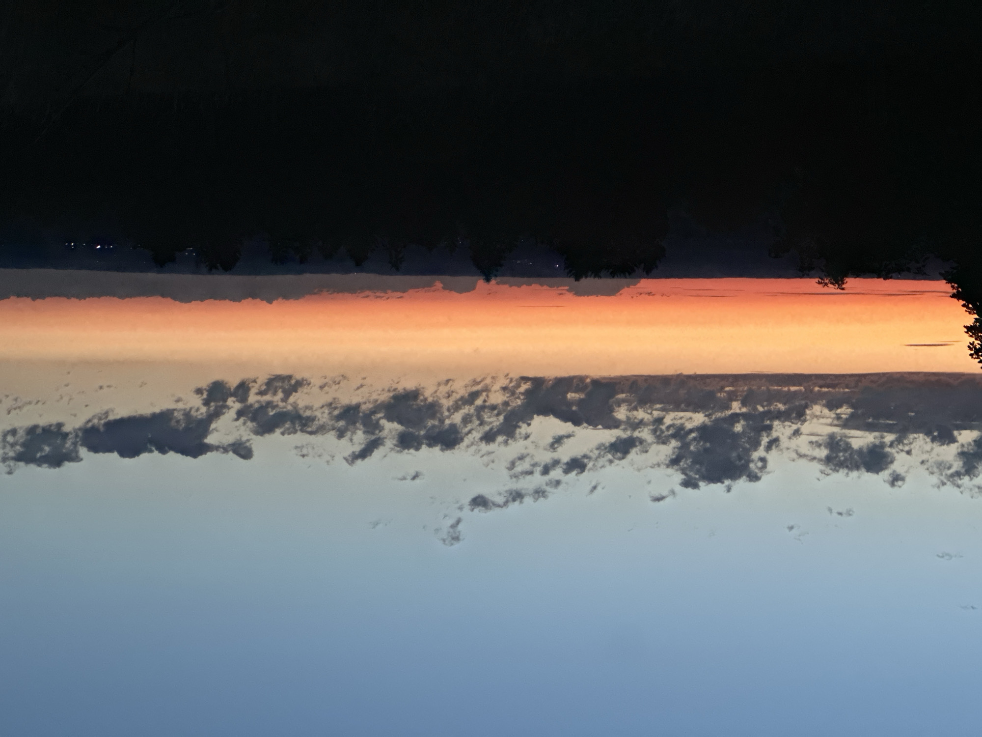A wide shot captures a twilight sky over a silhouetted forest in Amerang, Germany. The sky transitions from a pale blue at the top to a vibrant orange band just above the horizon, with scattered dark clouds. Below the horizon, the dark forms of trees create a dense, undulating line across the landscape. The overall scene depicts the natural beauty of a rural German setting at dusk.
