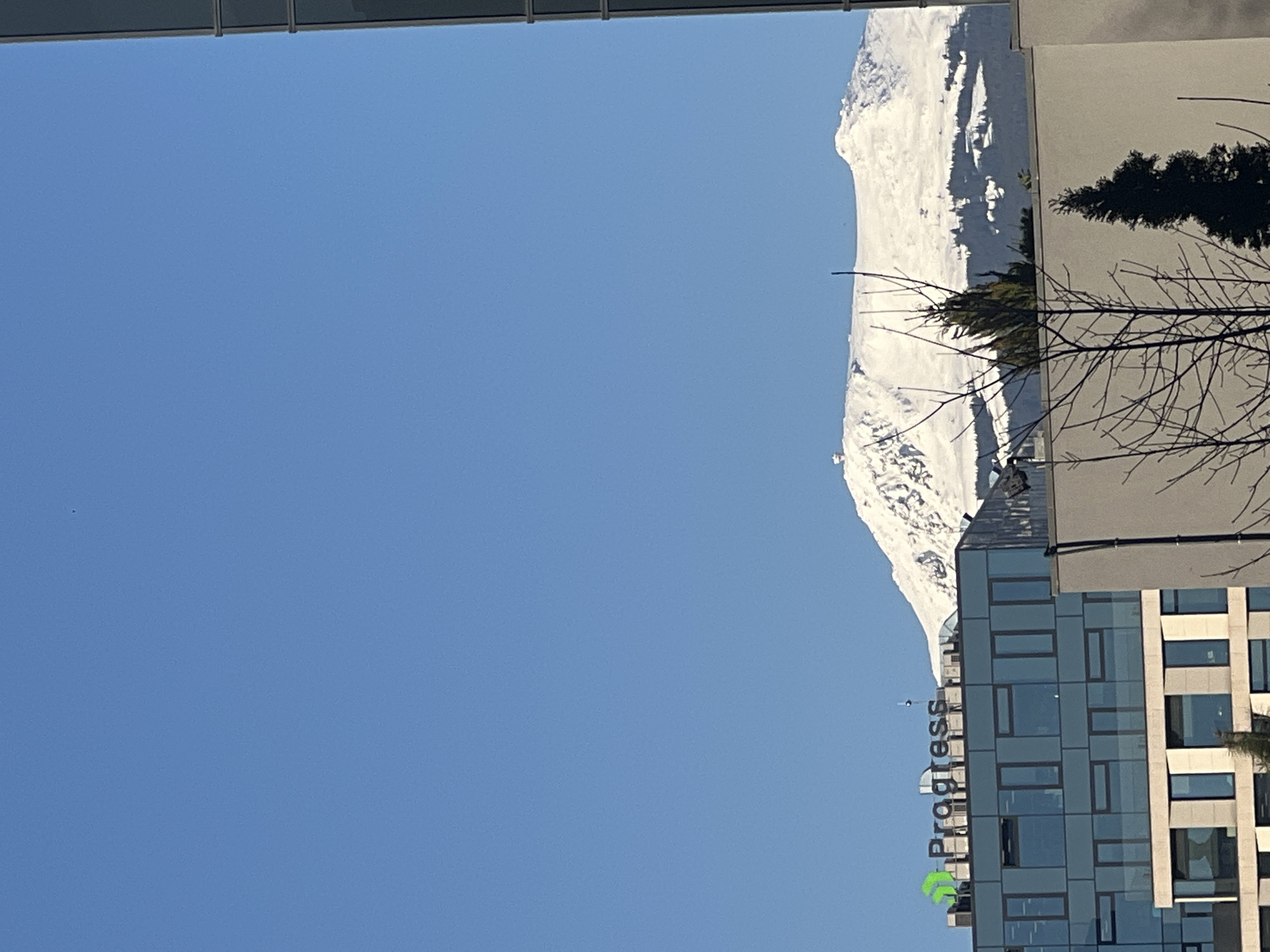 A low-angle shot shows a clear blue sky with a snow-covered mountain visible in the distance. The view is partially framed by the architecture of buildings. A modern building is visible on the right, with glass windows and "Progress" displayed vertically on the building. A tall tree is near the building, appearing partially bare.