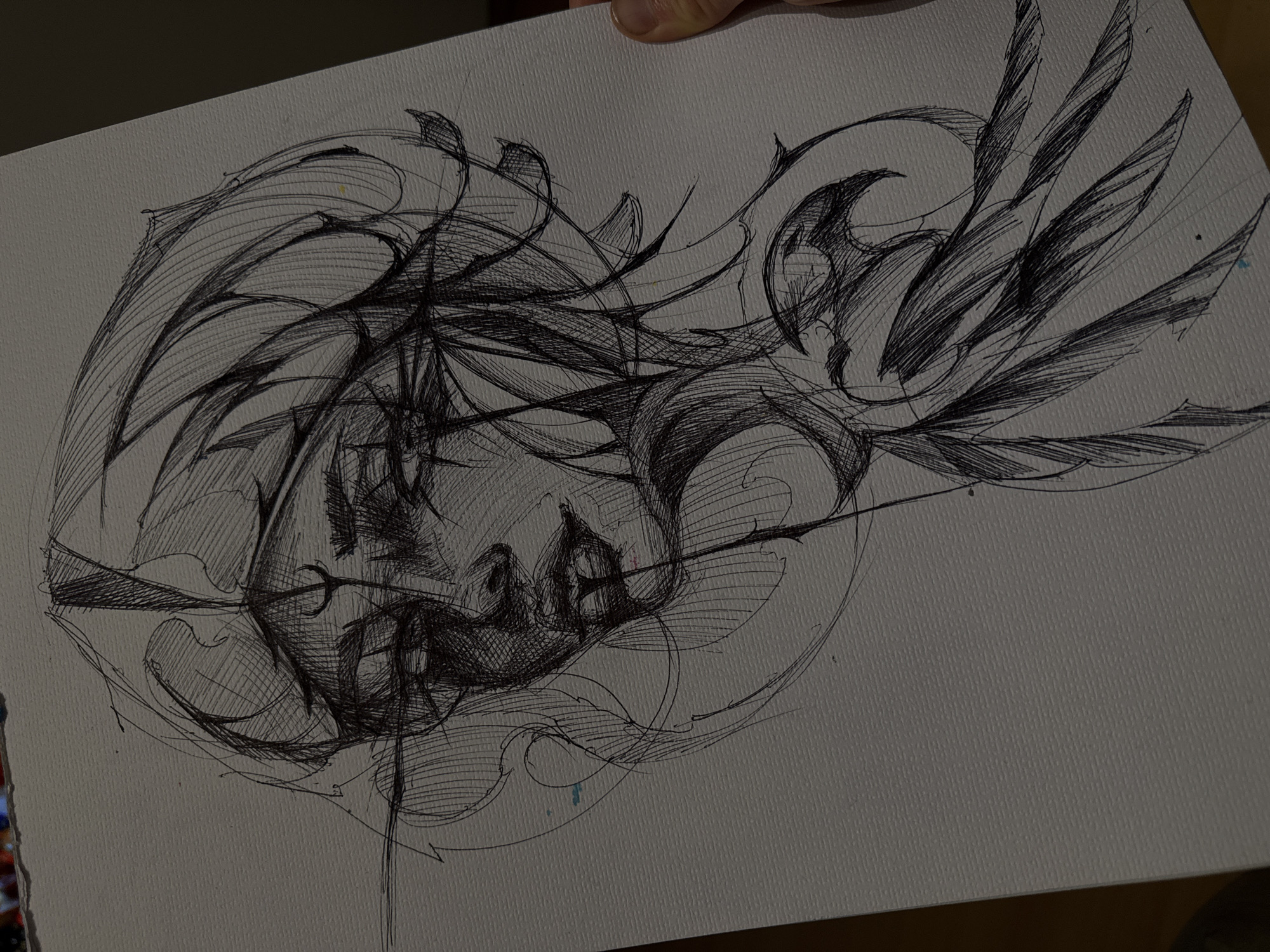 The image depicts a pen and ink drawing on a white surface. The drawing features an abstract representation of a human face, rendered in a stylized manner with heavy, dark linework. The facial features are somewhat distorted and surrounded by fluid, curving lines and shapes that resemble organic forms, such as leaves or wings. The overall effect is dynamic and somewhat chaotic, with a strong emphasis on line quality and texture. The image is held by a hand, and the location is not discernible from the provided visual information. There is no evidence to suggest the location is Sofia, Bulgaria.