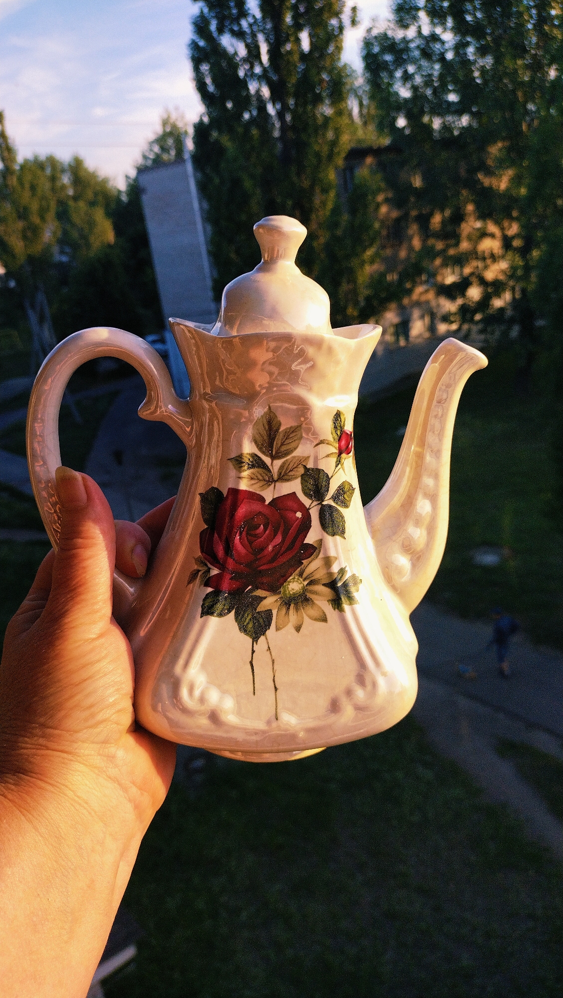 A hand holds a decorative ceramic teapot with a floral design of a red rose and yellow flowers. The teapot is cream-colored and has an ornate handle and spout. The background is blurred, showing greenery and trees, suggesting an outdoor setting. The lighting indicates it is either early morning or late afternoon. The location is the city of Horishni Plavni, Ukraine.