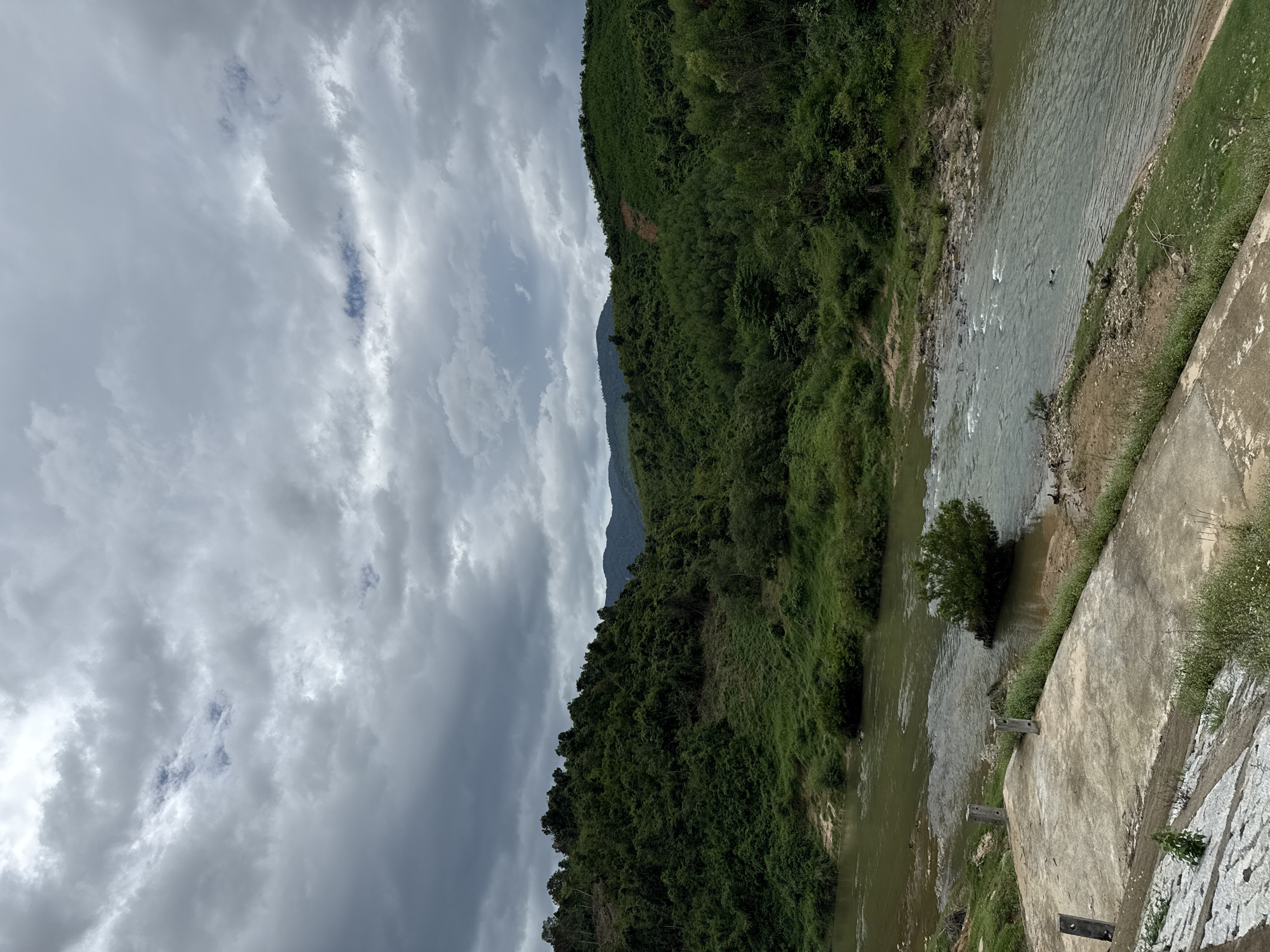 The image presents a panoramic view of a mountainous river landscape under an overcast sky. The upper portion of the frame is dominated by heavy, grey cloud cover, featuring dense cloud formations with lighter patches and glimpses of bluer sky breaking through.
In the mid-ground, a prominent range of mountains is visible, densely covered with lush, dark green foliage, indicating extensive forestation. Behind this closer range, a more distant mountain with a fainter, bluish-grey hue recedes into the atmospheric haze.
The lower half of the image features a winding river flowing through the valley. The river water displays varying shades of greenish-brown and grey-blue, with visible ripples and currents on its surface. The left bank of the river is steep and heavily vegetated with trees and grass, while the right bank includes a man-made concrete structure, possibly a retaining wall or pathway, running parallel to the water. This concrete structure has several dark, vertical posts embedded within it. Alongside the concrete, there are patches of grass and exposed earth, with a small tree or bush growing close to the water's edge.
The overall scene depicts a serene and rugged natural environment, indicative of a river valley in a mountainous region. The heavy cloud cover suggests an overcast daytime, possibly hinting at recent or impending rain. The landscape is consistent with the geographical characteristics of Nam Khanh Vinh, Vietnam. No people, animals, or discernible text are visible in the image.