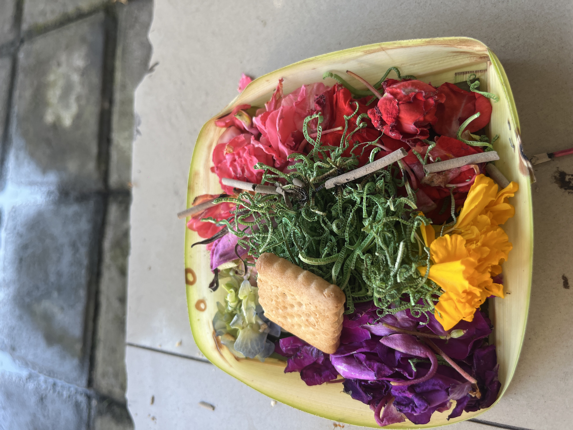 The image displays a close-up, top-down view of a traditional Balinese offering, likely a *canang sari*, placed on an outdoor, light-colored tiled or concrete surface. The offering is contained within a small, square-shaped vessel crafted from neatly folded fresh palm leaves, which show some natural browning along the edges.
Inside the palm leaf container, a colorful array of natural elements is arranged. Dominating the composition are vibrant flower petals, including bright reds and pinks, vivid yellows (resembling marigolds), and deep purples and blues. These petals are mixed with a prominent quantity of finely curled, bright green fern fronds. Several slender, brown stick-like objects, consistent with unlit incense sticks and one possibly burnt, are also visible within the greenery. A small, rectangular biscuit, light brown in color with a textured, perforated surface, is also part of the offering, nestled among the petals and ferns.
The scene is set outdoors, under bright, natural daylight, suggesting it is morning or early afternoon. The background to the left is a blurry, darker grey area, indicating an adjacent surface or structure. The subject matter strongly signifies a cultural ritual common in Bali, aligning with the provided location context of North Kuta, Indonesia, where such daily Hindu offerings are a significant practice. There is no visible text in the image.