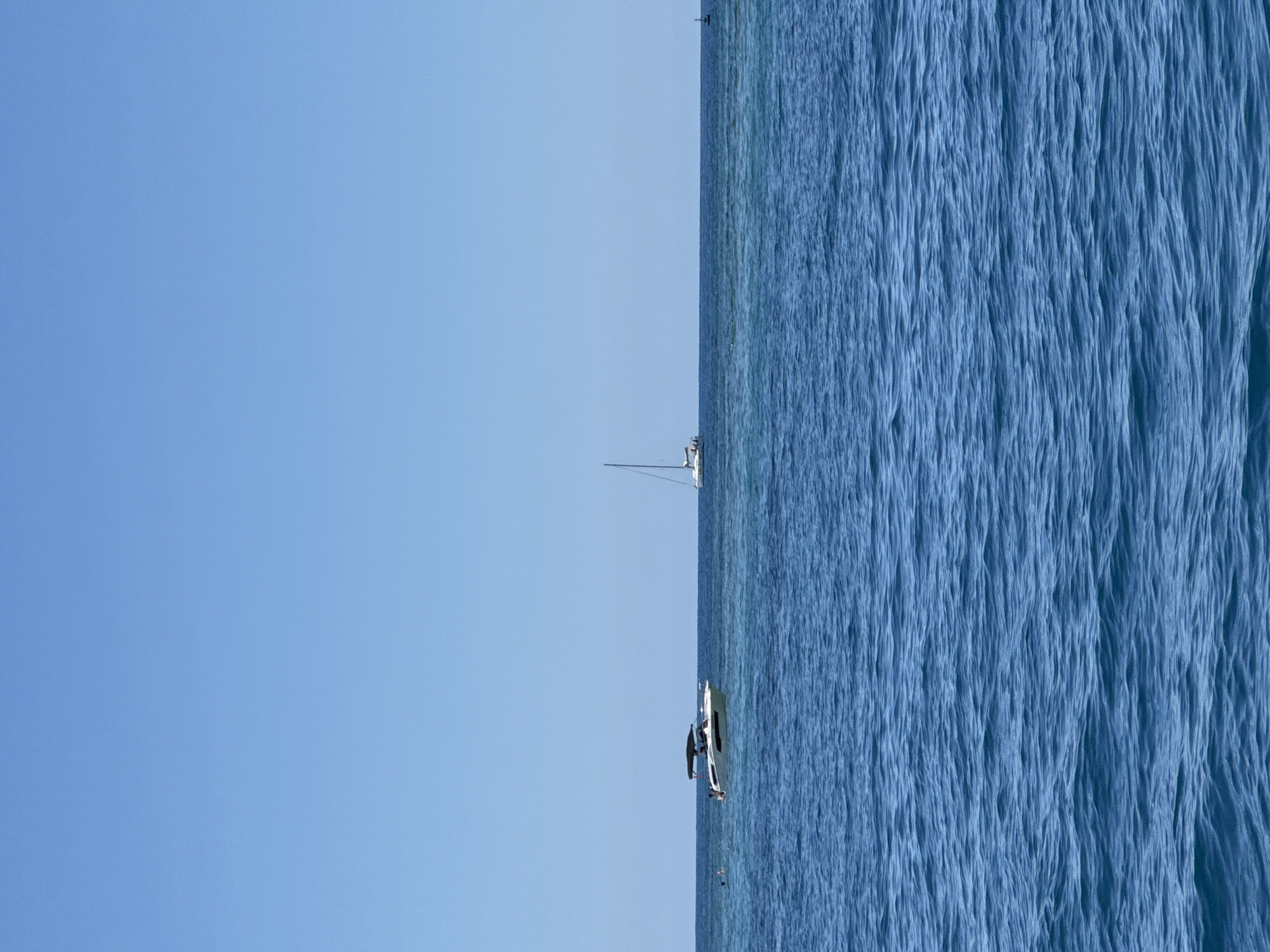 The image presents a tranquil marine landscape under a vast, clear blue sky. The scene is bisected horizontally by a distinct horizon line, with the upper half dedicated to the cloudless sky and the lower half to the deep blue ocean.
Two boats are visible on the water. A slender white sailboat with a single mast is positioned towards the center-right of the frame, appearing to be either anchored or gently cruising. Further to the right and slightly closer to the viewer, a larger white boat, possibly a catamaran or a motor yacht with a dark-colored cabin or canopy, floats on the water. Indistinct figures can be faintly seen on board the larger vessel, suggesting the presence of people, though their specific activities are not discernible.
The ocean surface shows gentle ripples and texture, indicative of calm to slightly choppy waters. The bright illumination suggests a sunny daytime setting, contributing to the vibrant blue tones of both the sky and the sea. The overall atmosphere conveys peace and leisure. There is no visible text in the image. The location is Budva, Montenegro.