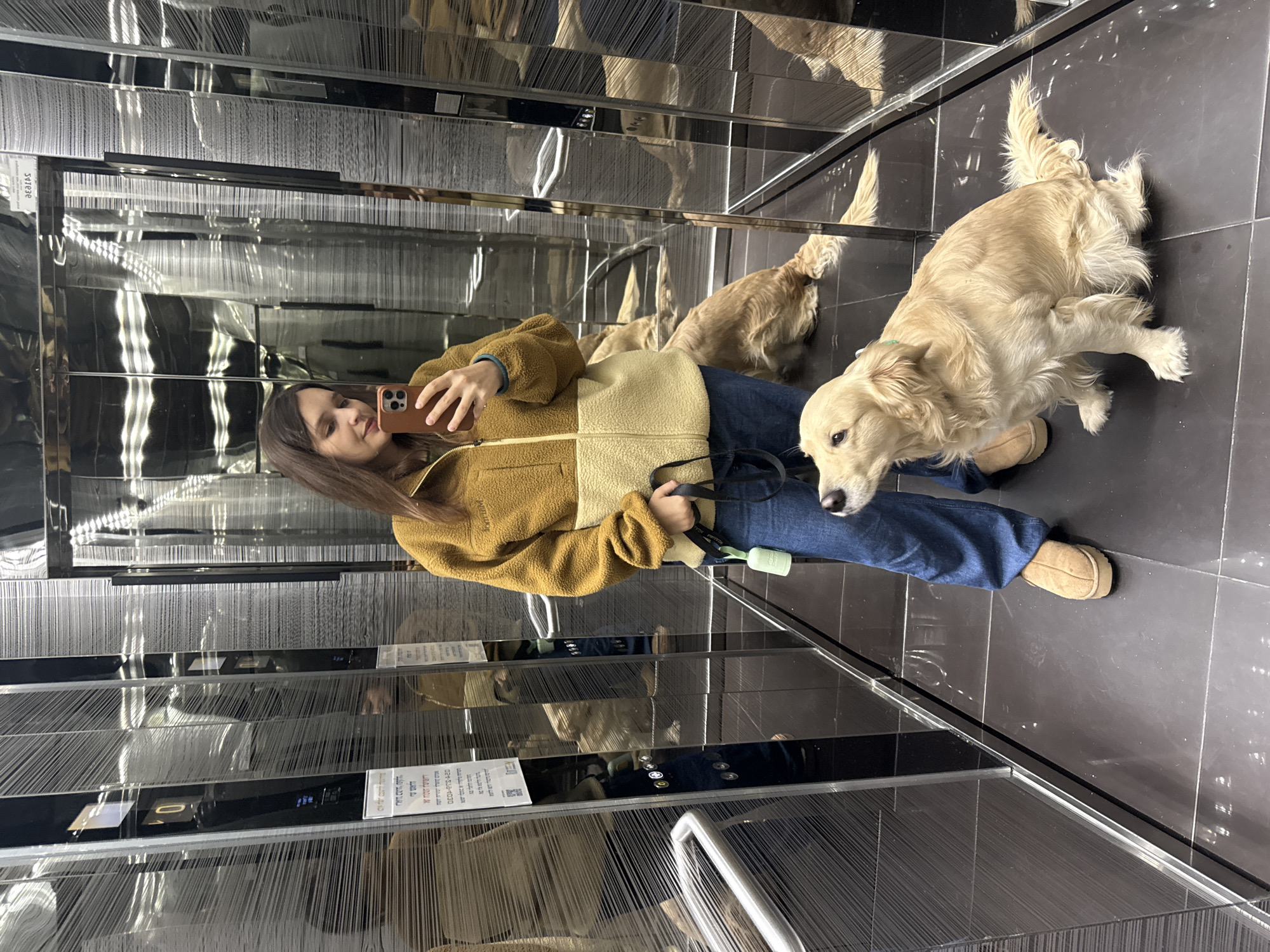A young woman in a brown and beige jacket and blue jeans is taking a selfie with her phone in an elevator with mirrored walls. She is standing on a dark tiled floor. She is accompanied by two golden retrievers. The elevator has a control panel with writing in Hebrew, indicating a location in Tel-Aviv, Israel. The walls are partially covered with vertical strands that are likely part of the elevator's design.