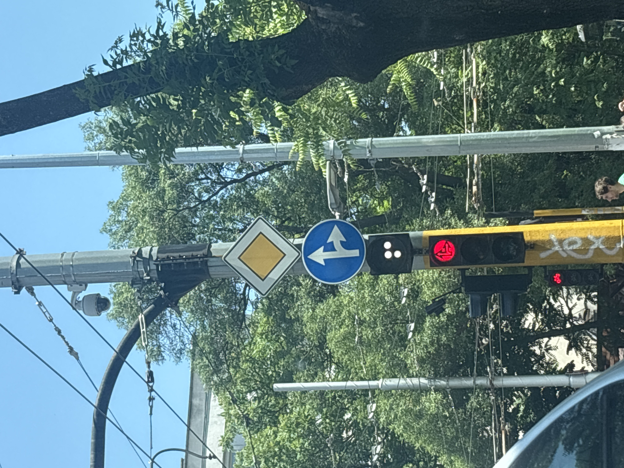 The image shows a traffic light pole in an urban environment, likely Sofia, Bulgaria, given the context. The pole is tall and metallic, supporting several traffic signs and a traffic light. At the top, a security camera is mounted. Below the camera, a yellow diamond-shaped sign with a white border is visible, which typically indicates a priority road. Further down, a circular blue sign with white arrows depicts a straight-ahead lane and a right-turn lane, signifying lane usage. The traffic light itself has three circular lights, with the bottom light illuminated red, indicating stop. Below this main traffic light, there is a smaller traffic light, also showing a red signal. The pole has yellow markings, possibly graffiti. Surrounding the pole are lush green trees and overhead wires, suggesting a street or intersection with power lines. A portion of a vehicle's windshield is visible in the lower left corner. In the background, there are glimpses of buildings and more greenery. Two individuals are partially visible in the lower right, one facing left and appearing to be looking at something in the distance, and another person partially obscured. The sky is a clear blue.