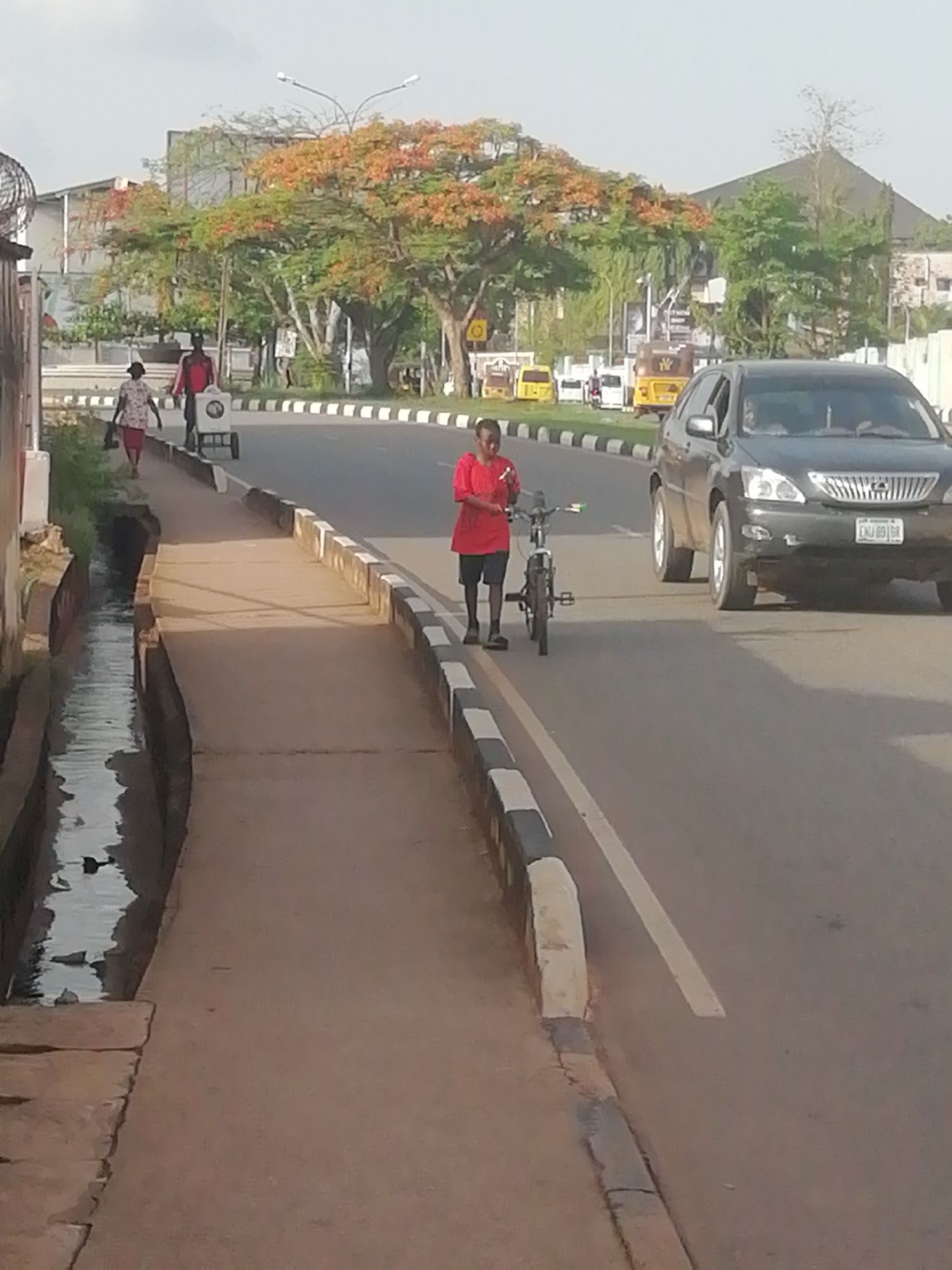 The image depicts a street scene in Enugu, Nigeria. A young man wearing a red shirt and dark shorts is standing on a sidewalk next to a road, holding a black bicycle. He appears to be looking at his phone. A black SUV is partially visible on the road, with the license plate "ENU 891 BR." A drainage ditch runs parallel to the sidewalk on the left side of the image. A tree with vibrant red and orange flowers is in the background. Two pedestrians, a woman and a man, are walking on the sidewalk further in the background. Several yellow commercial vehicles are visible in the distance. The road has a white dividing line and a black and white striped curb.