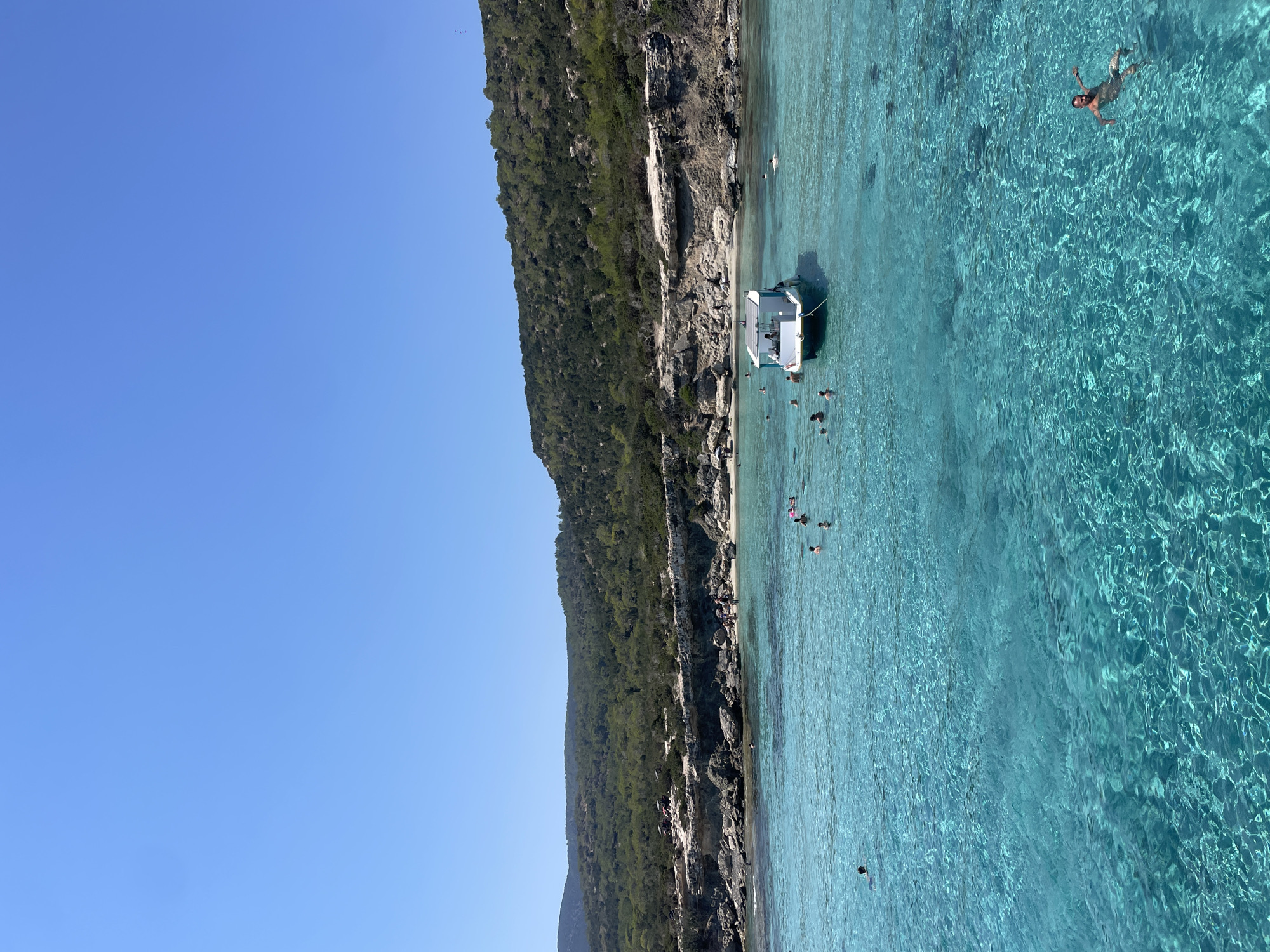 This is a medium-shot, vertical, outdoor, eye-level, daytime photograph of the Mediterranean Sea near Neo Chorio, Cyprus. The water is crystal clear and turquoise, with sunlight creating dappled patterns on the sandy seabed visible below. A small white boat with a blue trim is anchored in the middle ground, with several people swimming around it. In the background, rocky cliffs covered in green vegetation rise from the water, forming a natural coastline. The sky is a clear, cloudless blue. Several individuals are visible swimming and enjoying the water. The scene depicts a popular tourist spot with a serene and inviting atmosphere.