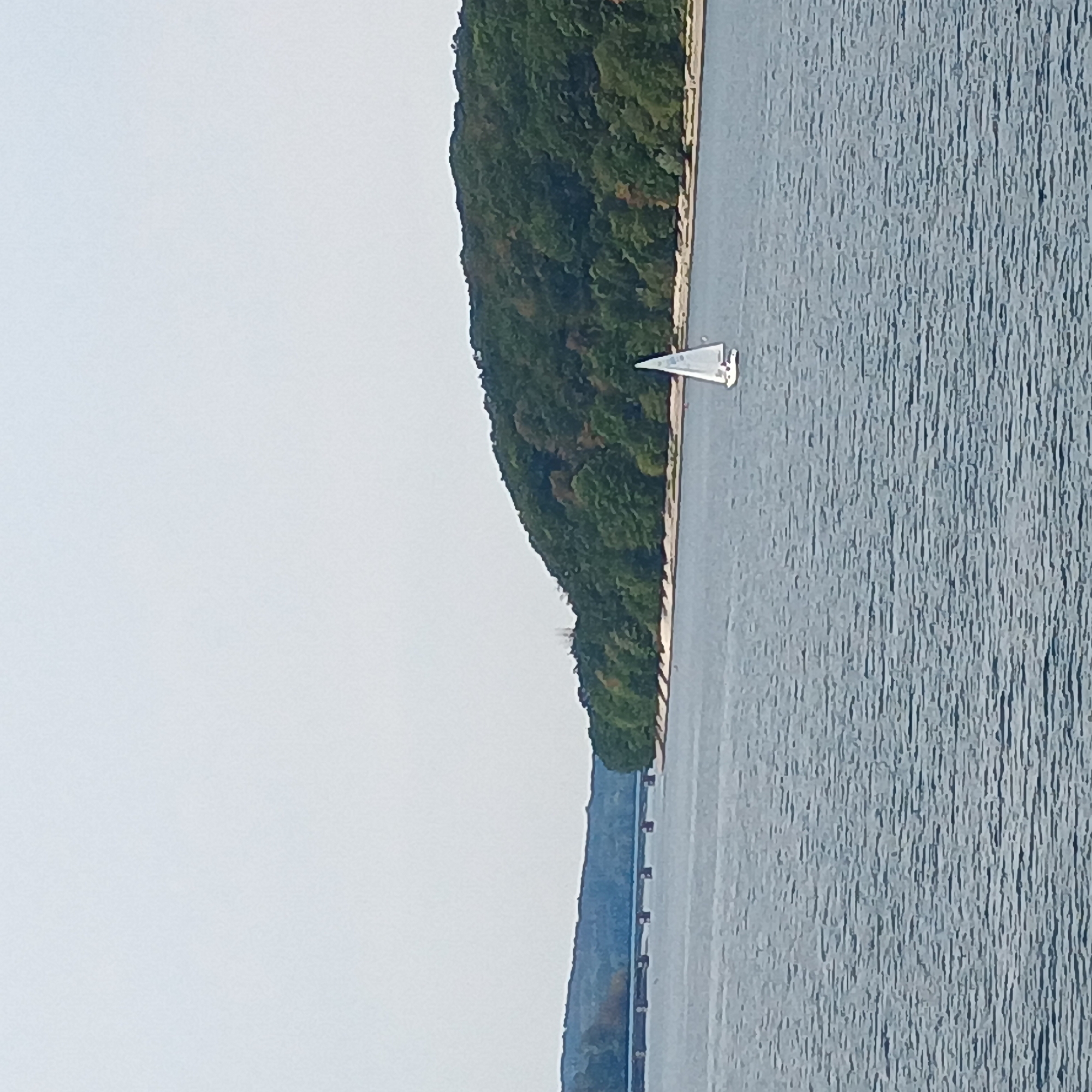 The image shows a wide, calm body of water, likely a lake, under a clear, pale sky. In the distance, a low, tree-covered hill forms the shoreline. A bridge with multiple supports spans across the water in the far left of the frame, connecting two distant landmasses. Closer to the viewer, a small white sailboat with its sail up is gliding across the water. The water is a muted blue-gray and shows subtle ripples. The overall impression is one of a serene, natural landscape. This scene is characteristic of the Möhnesee in Germany, a reservoir known for its recreational activities and scenic beauty, particularly its surrounding forests and the historic dam.