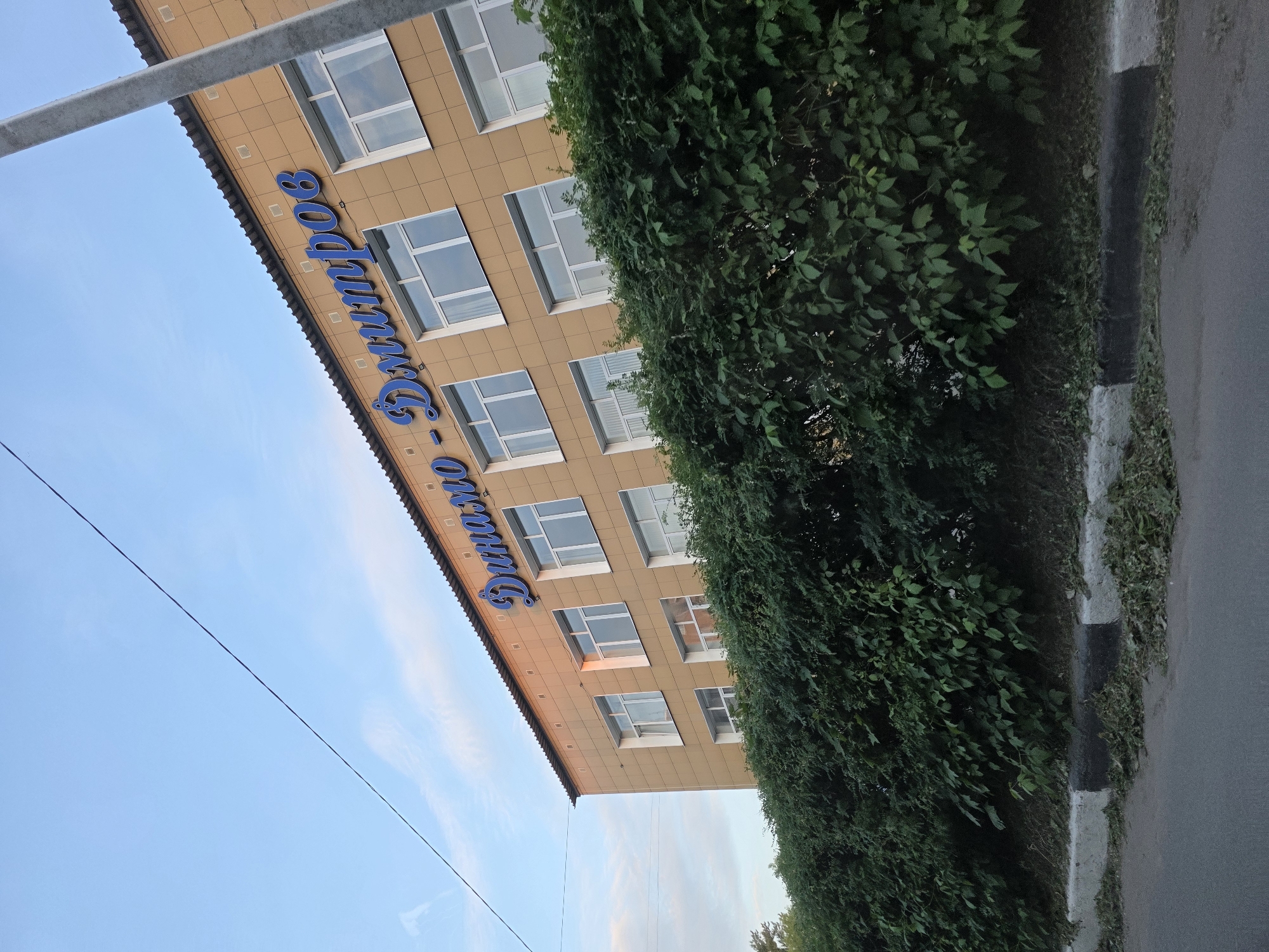 This is a vertical, exterior shot of a multi-story building with a tan facade and numerous windows. A lush green hedge runs along the front of the building, obscuring the lower floors. Blue lettering, which reads "Динамо - Динамо", is visible on the upper portion of the building. The sky is a clear blue with some wispy clouds, suggesting it is daytime. A paved area, possibly a sidewalk or road, is visible to the right of the hedge, bordered by a curb. The image appears to be taken from a low angle, looking up at the building. The overall scene suggests an urban or suburban environment with some greenery. There is no visible activity or people in the frame.