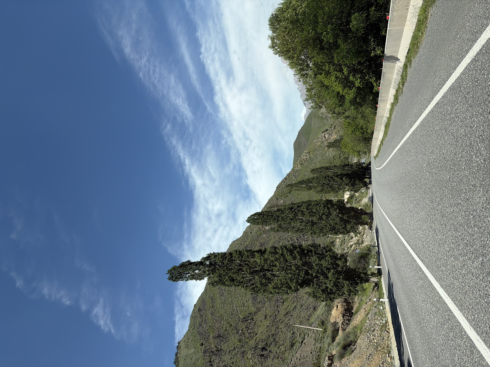 The image shows a paved road winding through a mountainous, rural landscape. Tall, slender evergreen trees line the left side of the road, with a steep, rocky, and vegetated mountain slope behind them. The road has white lane markings. In the background, more mountains are visible, some covered in trees and others appearing more barren. The sky is a bright blue with scattered white clouds. There are no people or vehicles visible in the image. The scene is consistent with a scenic route in a mountainous region, and the visual elements suggest this is a rural road in a natural environment.