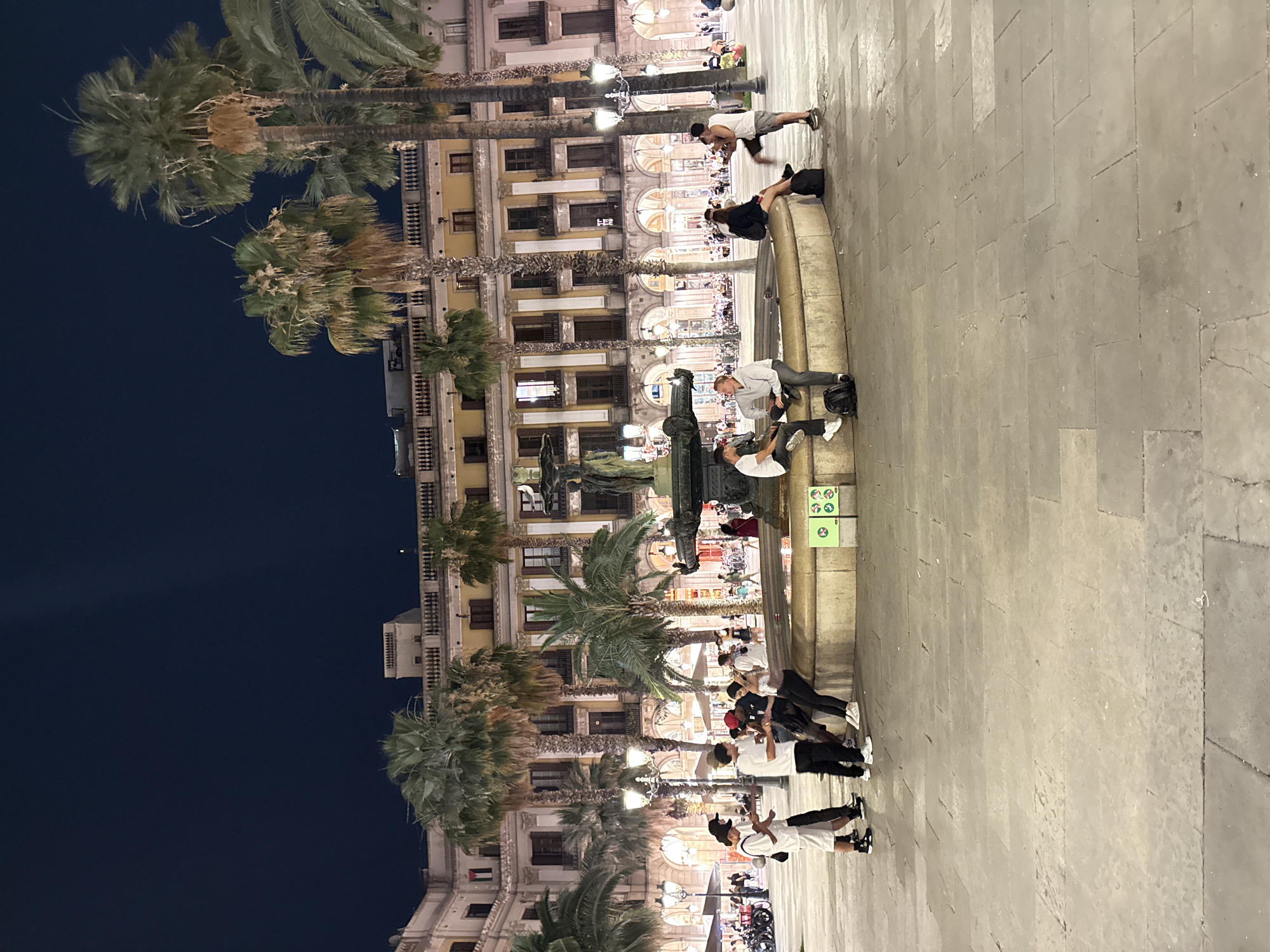 The image depicts a nighttime scene in Plaça de Catalunya, Barcelona, Spain. A group of people are gathered around a large fountain in the center of the plaza. Palm trees are scattered throughout the scene, and a grand, historic building with arcades and balconies forms the backdrop. The lighting is artificial, illuminating the plaza and the people. Several individuals are seated on the edge of the fountain, some are standing and interacting. The ground is paved with large, square stone tiles. In the background, more people and streetlights are visible, suggesting a bustling public space.