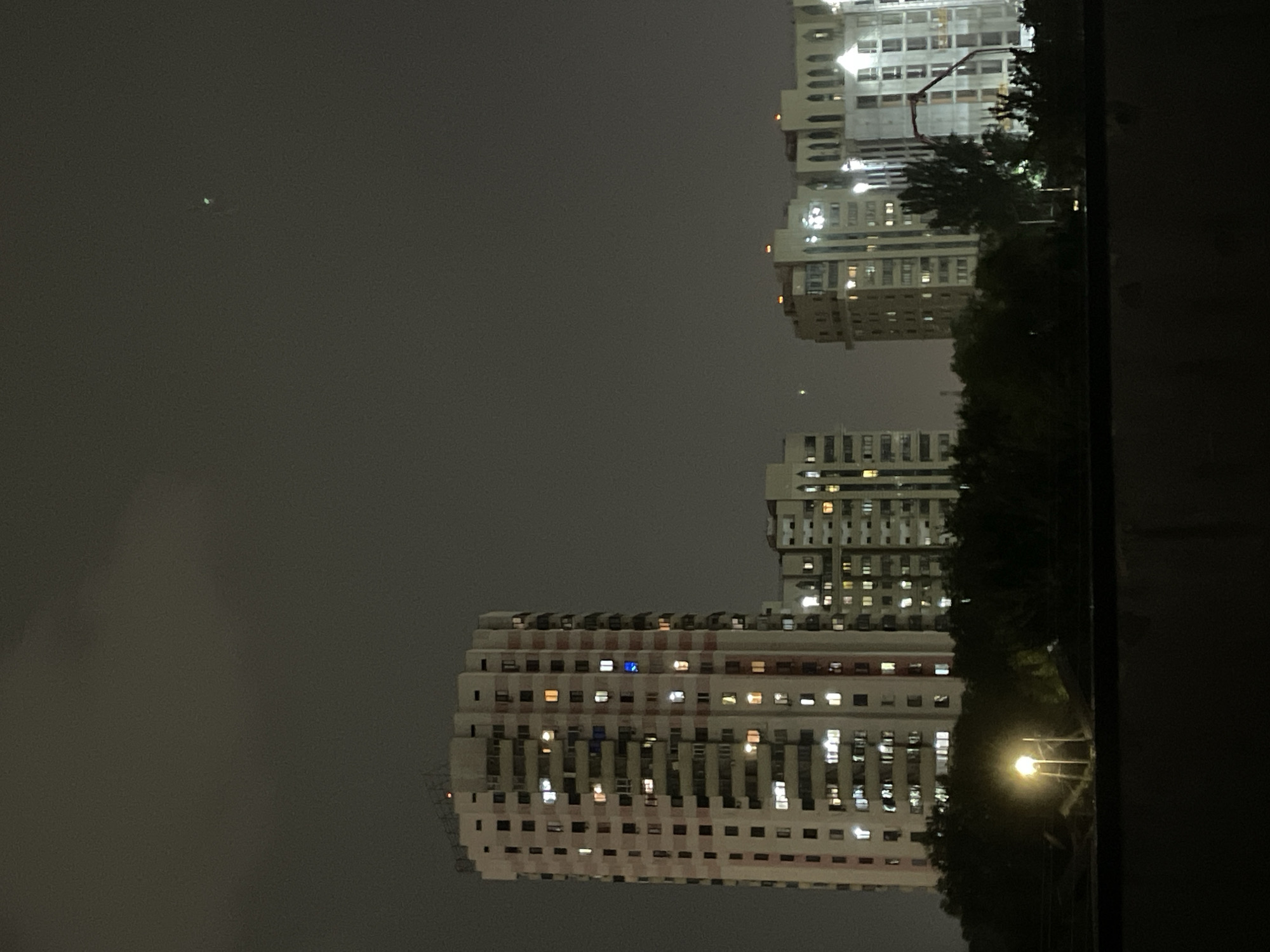 This is a night photograph of a cityscape, likely Almaty, Kazakhstan, featuring several high-rise buildings and a dark, cloudy sky. The buildings are illuminated from within, with numerous windows showing lights, indicating occupied apartments. A prominent, tall residential building dominates the left side of the frame, its facade adorned with pink and white detailing. To its right, several other buildings of varying heights and architectural styles are visible, some appearing to be under construction, with a concrete pump visible near one of them. Dark trees form a dense line in the foreground, obscuring the lower sections of the buildings. A single street lamp with a bright yellow light is positioned among the trees. The sky is overcast and dark, with a faint greenish light visible in the upper right quadrant, possibly a distant light source or reflection. There are no people visible in the frame. The overall scene conveys a sense of urban life continuing into the night, with the city's lights contrasting against the dark sky.