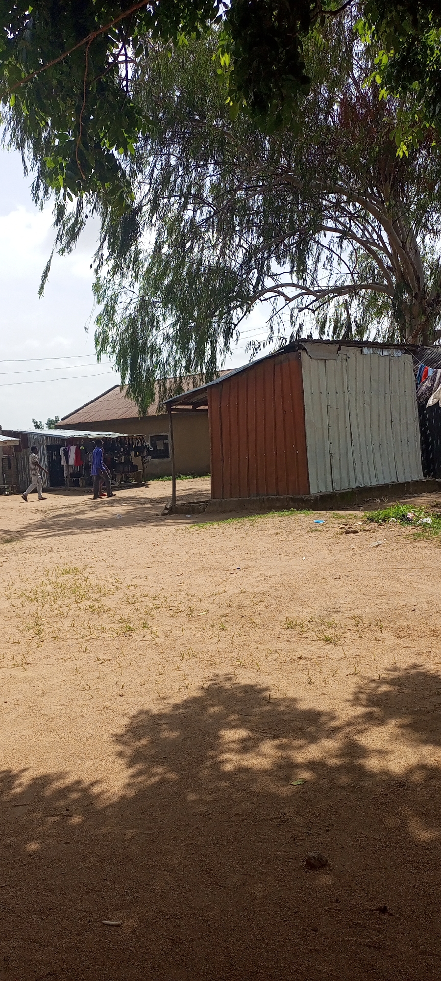 The image shows a street scene in Jalingo, Nigeria, with a sandy ground and several makeshift structures. In the foreground, the sandy ground is covered with sparse green vegetation and dappled with shadows from overhead trees. To the left, there are several corrugated metal stalls displaying clothing and other goods, with two individuals present. One person, wearing a light-colored striped shirt and pants, is walking away from the stalls. Another person, wearing a blue shirt and dark pants, is standing near the stalls. Behind these stalls, a building with a corrugated metal roof is visible. To the right of the image, a larger corrugated metal structure, partially reddish-brown and partially silver, stands prominently. Overhead, large trees with dense foliage and branches extend across the frame, providing shade and obscuring parts of the sky, which appears overcast. Power lines are also visible in the background.