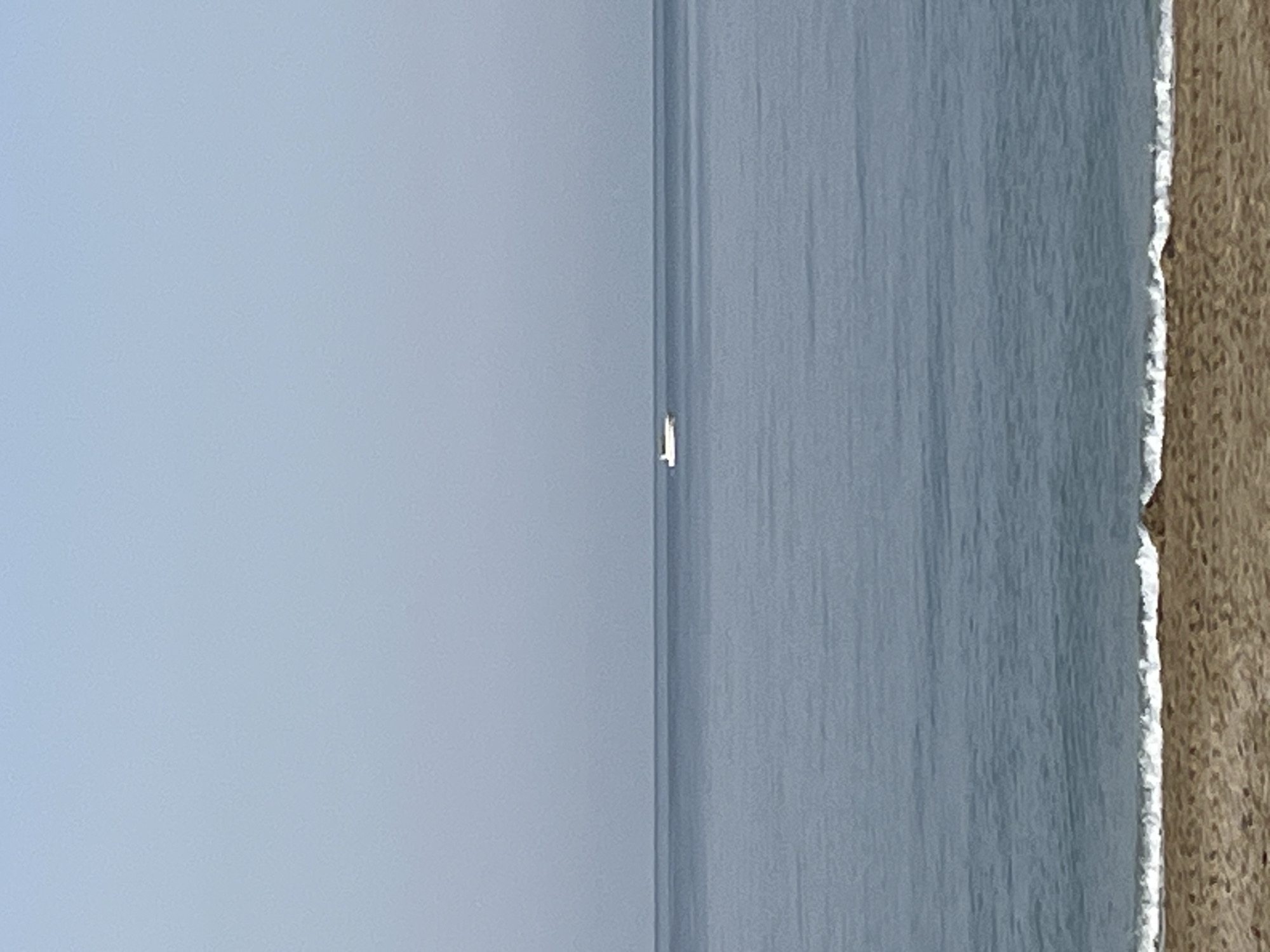 The image depicts a serene view of the sea near Alanya, Turkey. The sky is a pale blue, contrasting with the darker blue-grey sea. A small sailboat is visible in the distance, appearing as a white speck on the horizon line. The right side of the image shows a strip of sandy beach. The photo is oriented vertically, giving the impression of a wide expanse of sky and sea.