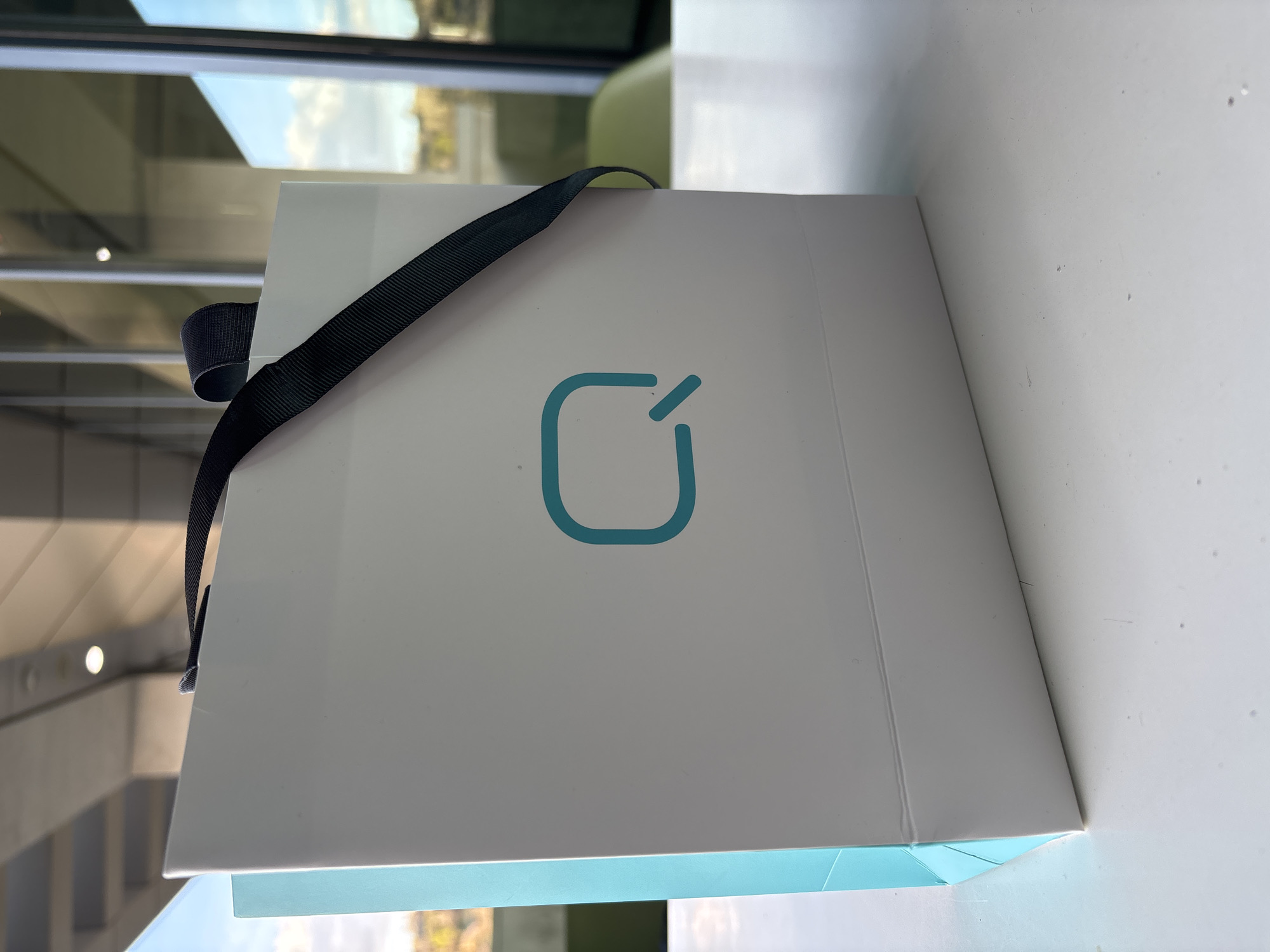 The image shows a white paper shopping bag with a blue logo and a black ribbon handle. The bag is placed on a white surface. The bag’s bottom edge has a blue accent. The background reveals a window with reflections of a city landscape. Based on the light and building style visible through the window, the location is likely in Yerevan, Armenia.