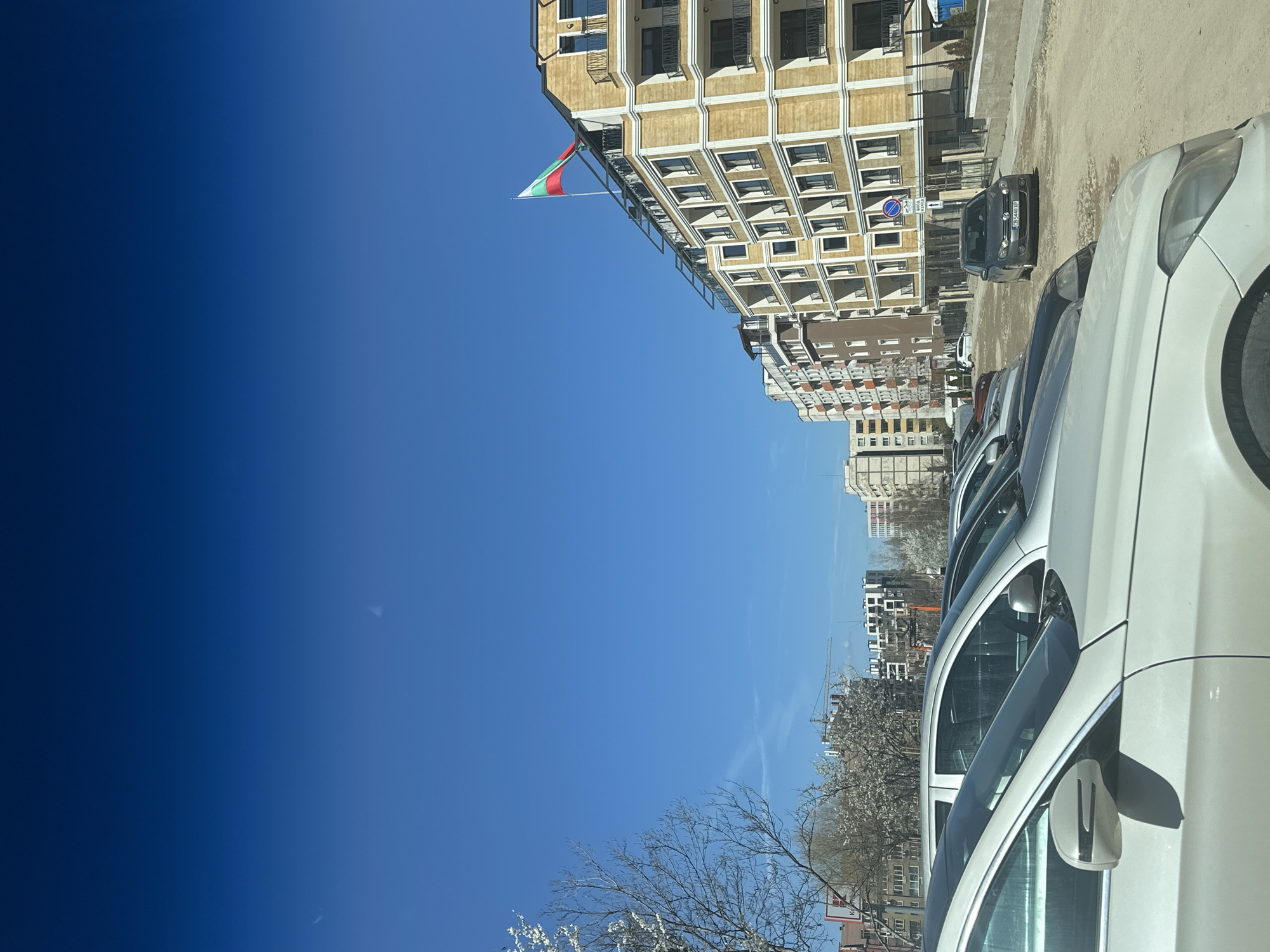The image shows a street scene in Sofia, Bulgaria, characterized by a clear, bright blue sky occupying the majority of the frame. The scene is oriented vertically. Along the right side of the image, a row of parked cars is visible, mostly white vehicles. A gray car is also seen, along with other cars further in the distance.
To the upper part of the image, buildings rise into the sky. One building features a light tan facade with a repetitive pattern of white-framed windows and balconies; the flag of Bulgaria is attached to this building. Other buildings are visible in the background.
A small segment of bare trees with some budding white flowers is visible at the bottom. A street sign can be seen close to those trees.