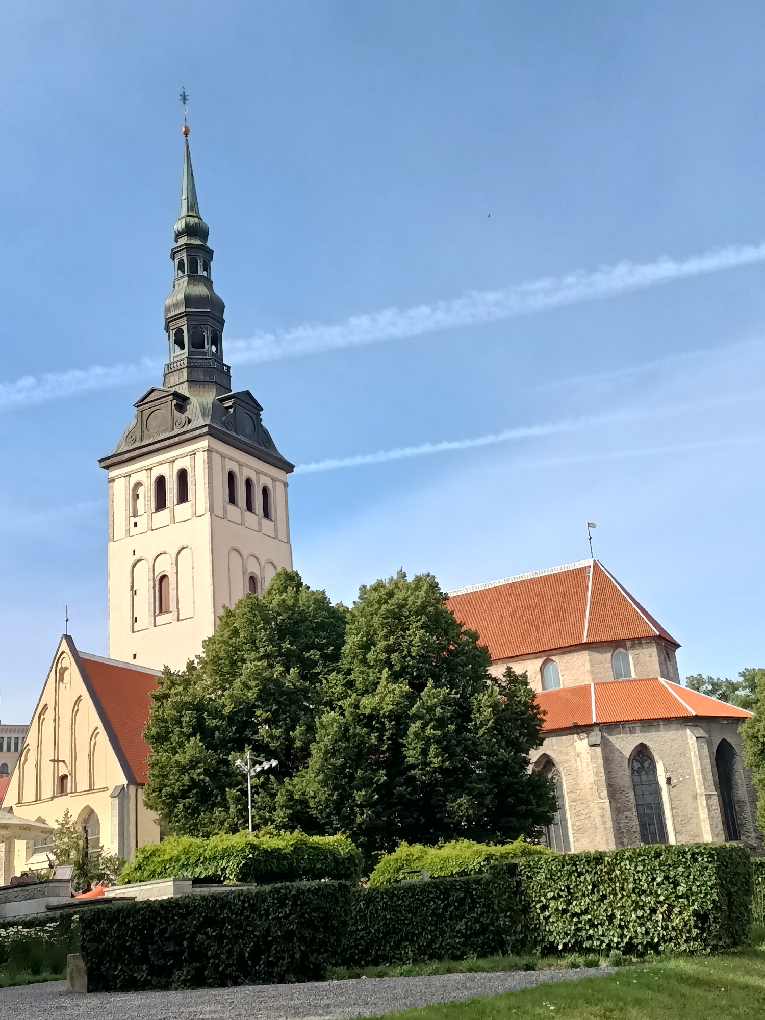A tall, cream-colored church tower with a green spire dominates the center-left of the frame against a clear blue sky with thin white contrails. The tower has arched windows and a dark, segmented cap. Attached to the tower on the right is the main body of the church, constructed of stone with a red tiled roof and Gothic-style arched windows. Lush green trees partially obscure the lower sections of the church. In the foreground, a neatly trimmed hedge runs horizontally across the image, with a patch of gravel and grass to its left and right. A low stone wall is visible behind the hedge. In the distance, to the far left, faint outlines of other buildings suggest an urban setting. The image appears to be taken on a sunny day, likely in Tallinn, Estonia, given the architectural style and the presence of the St. Olaf's Church spire, a prominent landmark in the city.