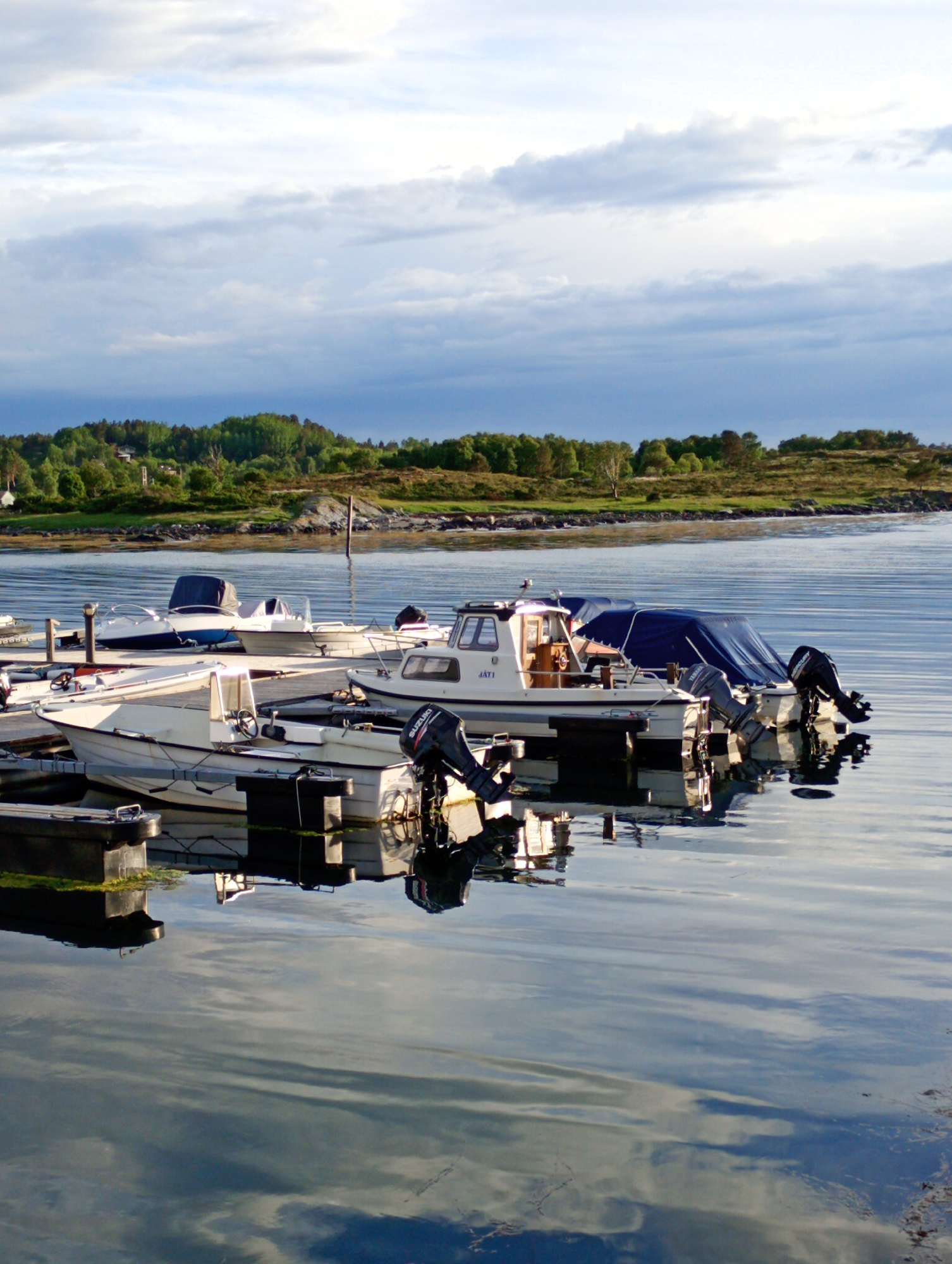The image depicts a tranquil waterside scene with several boats docked at a pier. In the foreground, a white boat with a visible outboard motor is positioned on the left, while other boats, some covered with blue tarpaulins, are moored alongside. The water's surface reflects the boats and the sky, which is partly cloudy with soft lighting. Behind the pier, a lush green hillside covered with trees rises, and beyond that, a glimpse of a distant treeline under a muted sky suggests a rural or coastal landscape. The overall atmosphere is serene and peaceful, likely captured during daylight hours.