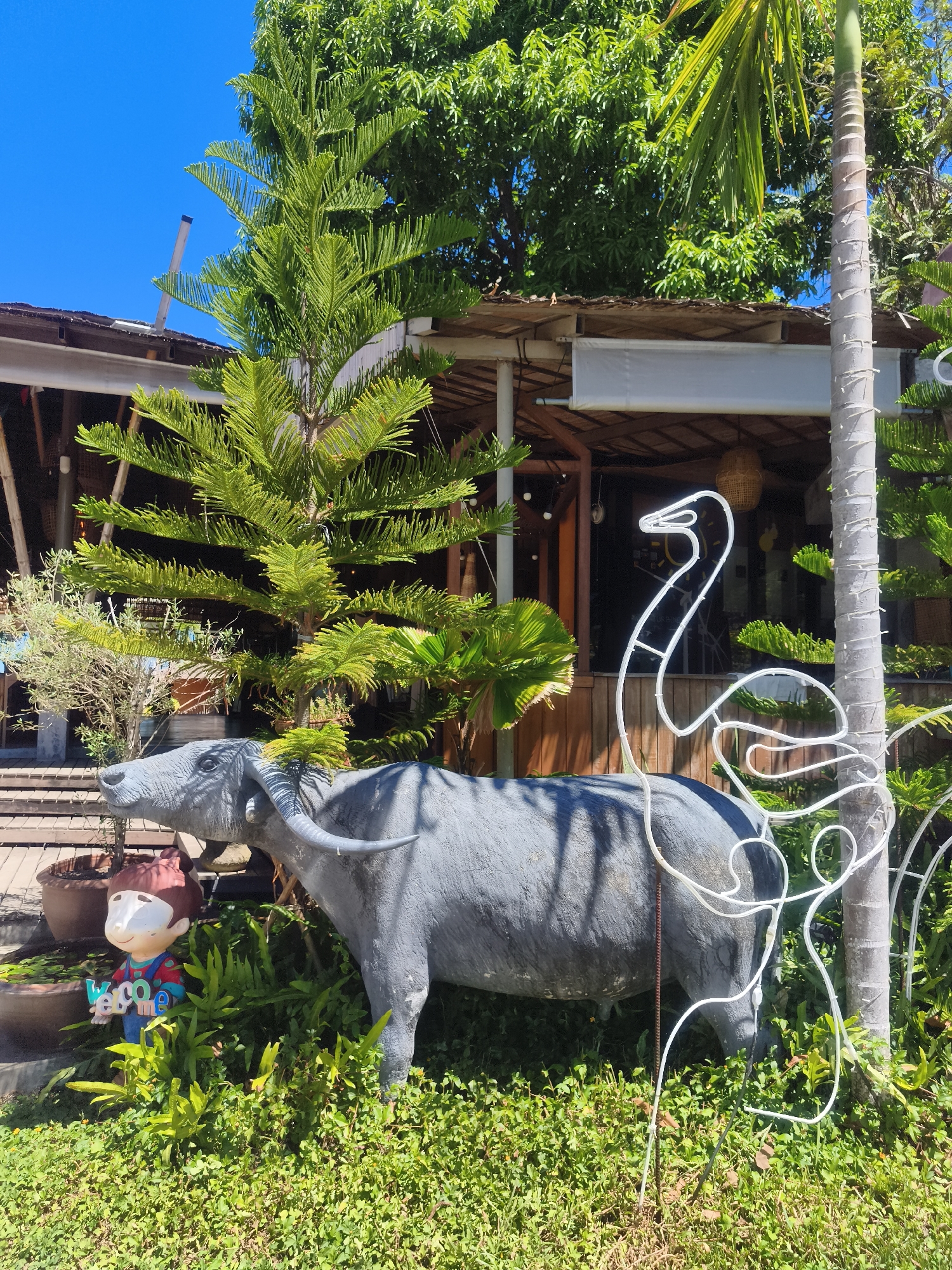 A statue of a gray buffalo stands in front of a thatched-roof building with a wooden deck. The buffalo is positioned in a patch of lush green grass, and a small, colorful statue of a child holding a "welcome" sign is placed in front of it. To the right of the buffalo, a white wire sculpture of a bird is visible, wrapping around a palm tree. The background features dense green foliage and a clear blue sky. The scene appears to be an outdoor setting at a restaurant or resort in Baan Thong Po, Thailand, given the tropical vegetation and architectural style.
