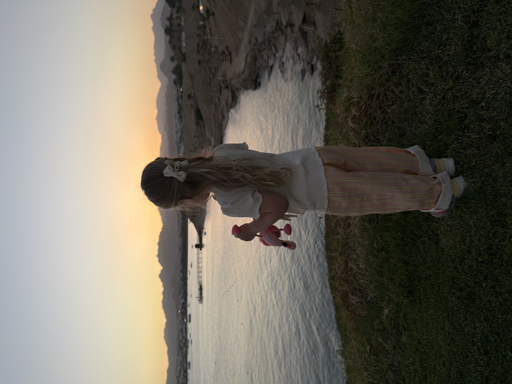 The image captures a serene outdoor scene at what appears to be either sunrise or sunset in Sharm El Sheikh, Egypt. A young girl with long, light-colored hair, secured by a white bow, stands on a grassy bank in the foreground. She is dressed in a light-colored top and striped pants, featuring pink/red and beige/white vertical lines. In her hands, she holds a small, pink flamingo toy, gazing downwards towards the water.
The setting is a picturesque coastline. A calm body of water, likely the Red Sea, stretches out before her, reflecting the soft, warm light of the sky. In the distance, a range of mountains rises, silhouetted against the horizon where the sky transitions from a bright, golden-orange glow to a soft, light blue. Scattered structures or boats are faintly discernible on the water's surface far away. The foreground is covered in rich, green grass. The overall atmosphere is tranquil and peaceful, highlighting a quiet moment in a beautiful natural landscape. There is no visible text in the image.