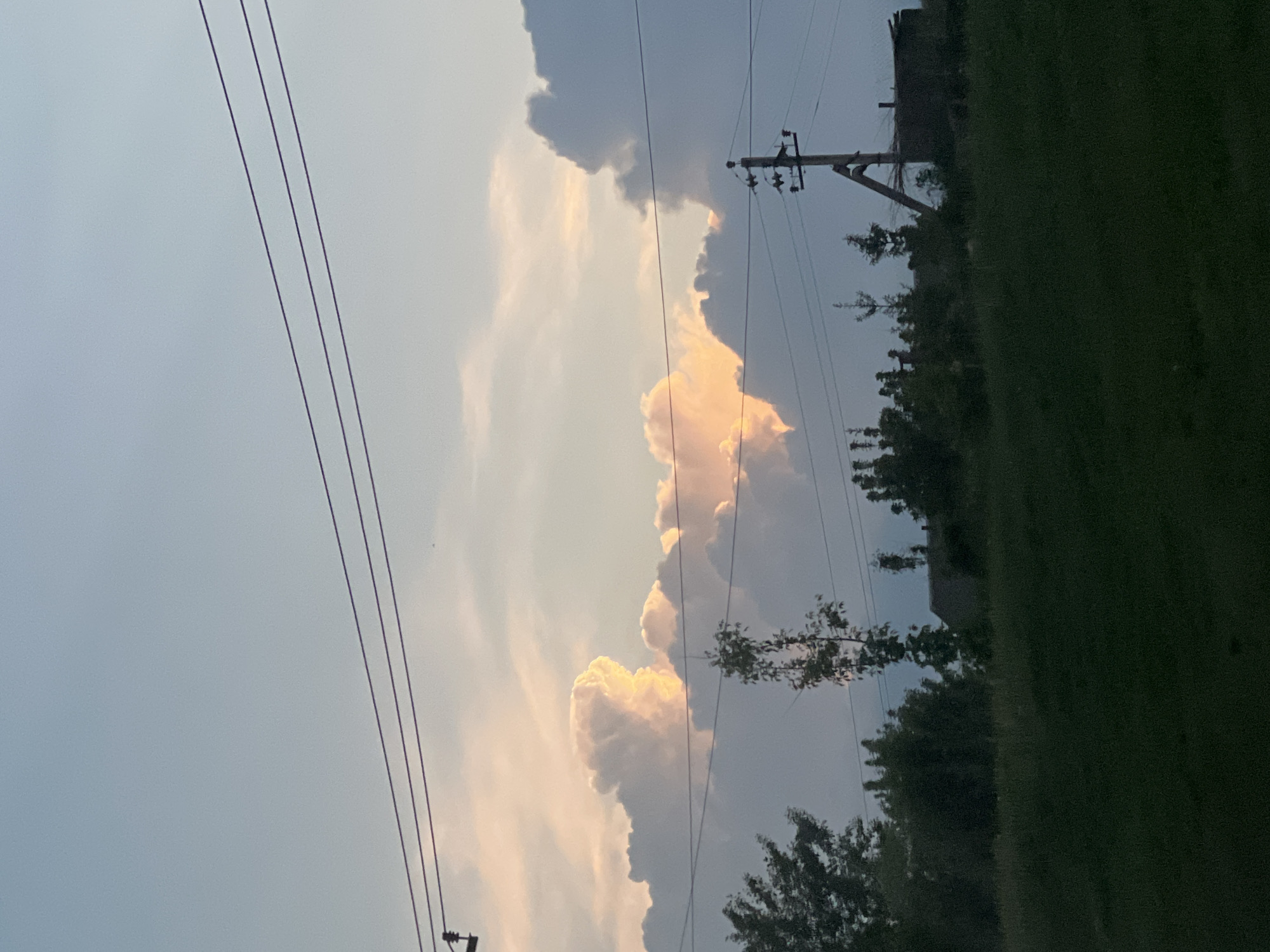 The image depicts a sky with prominent cumulus clouds, some illuminated with a golden hue, suggesting either sunrise or sunset. A set of electrical power lines runs across the sky. On the right side of the image is foliage, possibly trees and grass, and a utility pole. The overall scene appears to be a landscape captured during dusk or dawn.