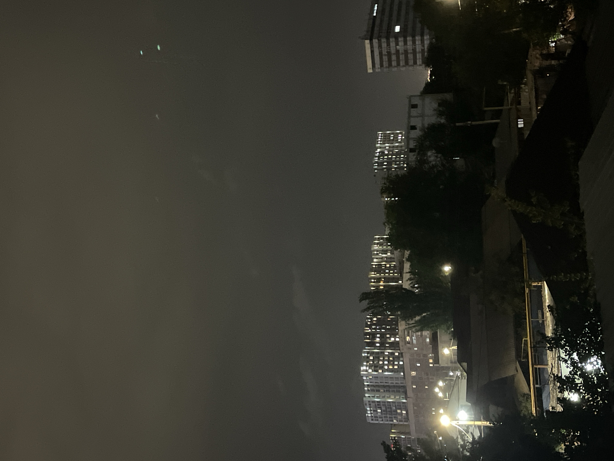 This image depicts a nighttime scene in Almaty, Kazakhstan, showcasing a cityscape characterized by illuminated buildings and a dark, overcast sky. In the foreground, the rooftops of several low-rise structures are visible, partially obscured by shadows and dense foliage. The roofs are dark and appear to be made of corrugated metal or similar material. Streetlights cast pools of yellow light onto the scene, illuminating pathways and trees.
Dominating the middle ground are several multi-story apartment buildings, their windows aglow with warm, interior lights, suggesting occupancy. The buildings vary in architectural style, with some featuring modern designs and others appearing more traditional. One building on the left is a long, curved structure with numerous illuminated windows. To its right, another similar building is visible, also with many lit windows. Further to the right, a tall, rectangular building with a striped facade and lit windows stands out.
In the background, the sky is a deep gray, with subtle cloud formations visible. A few faint, greenish lights are scattered across the upper right portion of the sky, possibly indicating distant aircraft or atmospheric phenomena. The overall impression is one of a residential area at night, with the city's artificial lights contrasting against the natural darkness. The image appears to be taken from an elevated viewpoint, looking across the urban landscape.