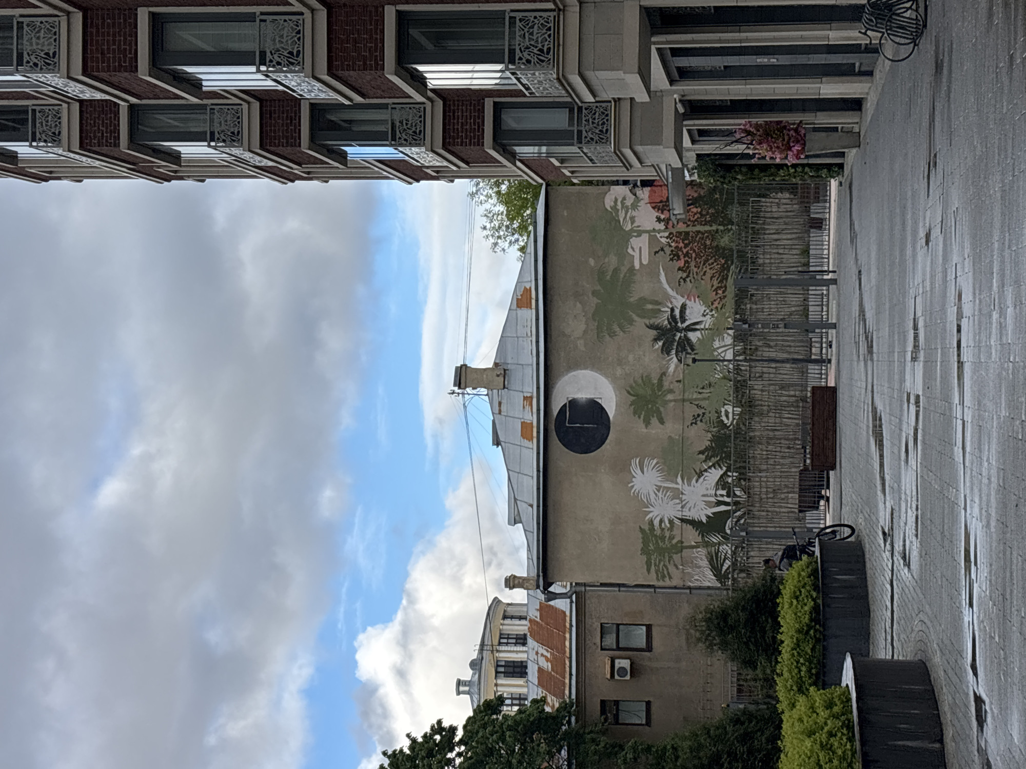 The image captures an alley in Saint Petersburg, Russia, situated between buildings with varying architectural styles. The right side displays a modern brick building, featuring intricate window frames. Parallel to it, on the left, is an older building with a mural depicting palm trees and a black circle. A narrow, paved pedestrian path runs between these buildings. A bicycle and green foliage are visible on the ground level. The sky above is partly cloudy, with patches of blue. The setting seems urban and possibly a bit damp, given the wet pavement.