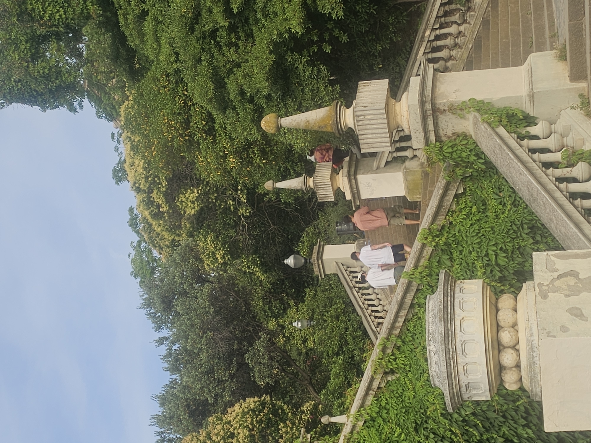 This image depicts a wide stone staircase, likely part of an outdoor public space in Barcelona, Spain, given the architectural style and lush greenery often found in its parks and gardens. The staircase is flanked by ornate stone balustrades and decorative pillars topped with finials, suggesting a historical or grand design. Dense green ivy and other vegetation climb extensively over the lower sections of the balustrades and some of the pillars, giving the scene a natural, overgrown feel.
At the top of the staircase, several people are visible. Two individuals in white shirts and shorts are walking up the stairs. Slightly ahead of them, another person in a red-brown patterned shirt and shorts is also ascending. Further up, a person wearing a red jacket is partially visible near one of the decorative pillars. The sky above is a clear, pale blue with some light cloud cover. The overall impression is a serene, green, and architectural outdoor setting with people engaged in the simple act of climbing the stairs.
