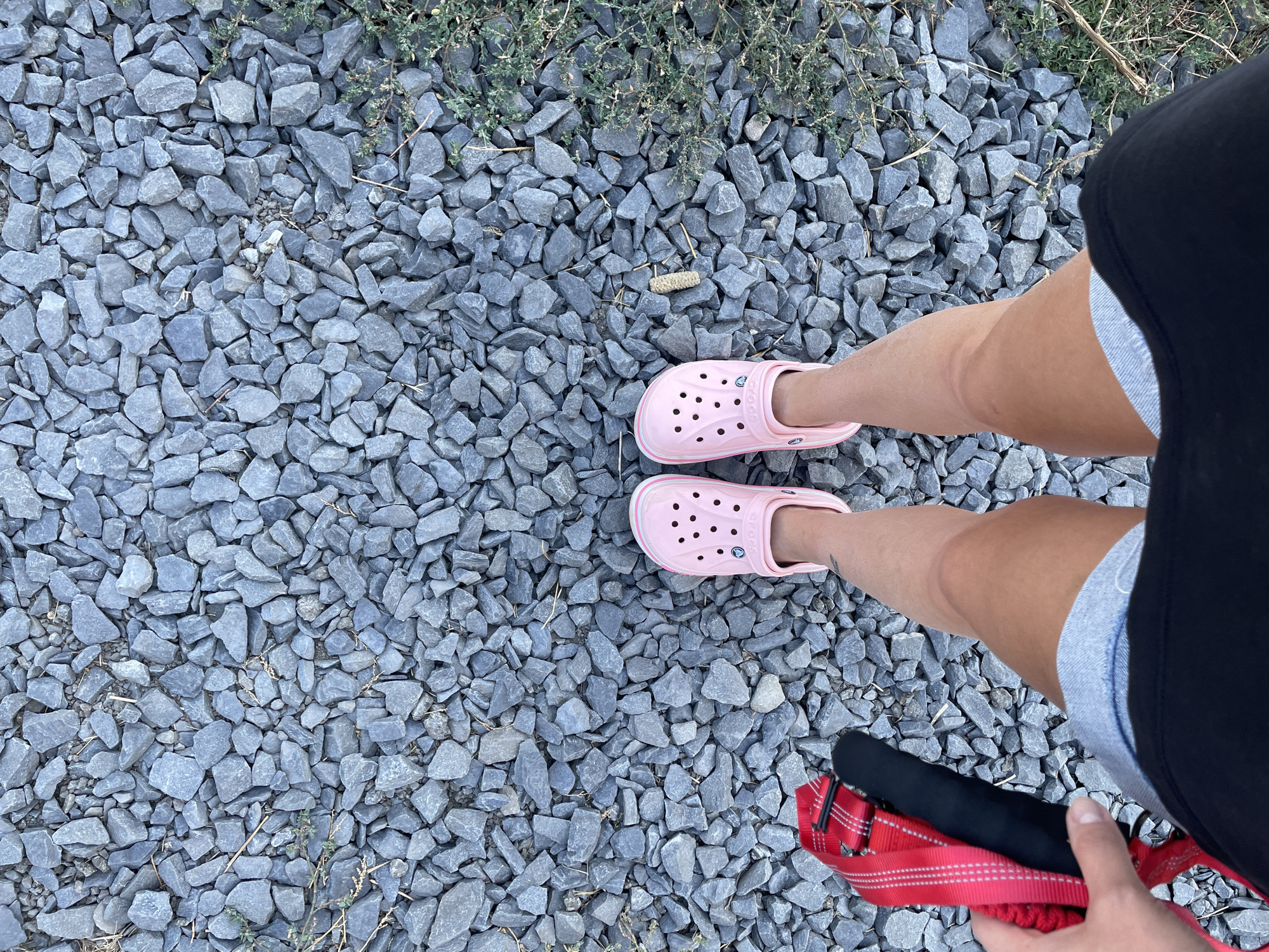 A top-down, medium shot shows a person standing on a path covered with gray gravel. The person is wearing light pink Crocs and denim shorts. They are holding a red and black leash in their left hand. In the background, to the right, is a patch of dry grass. The image does not contain enough information to determine a specific location in Rostov-on-Don, Russia.