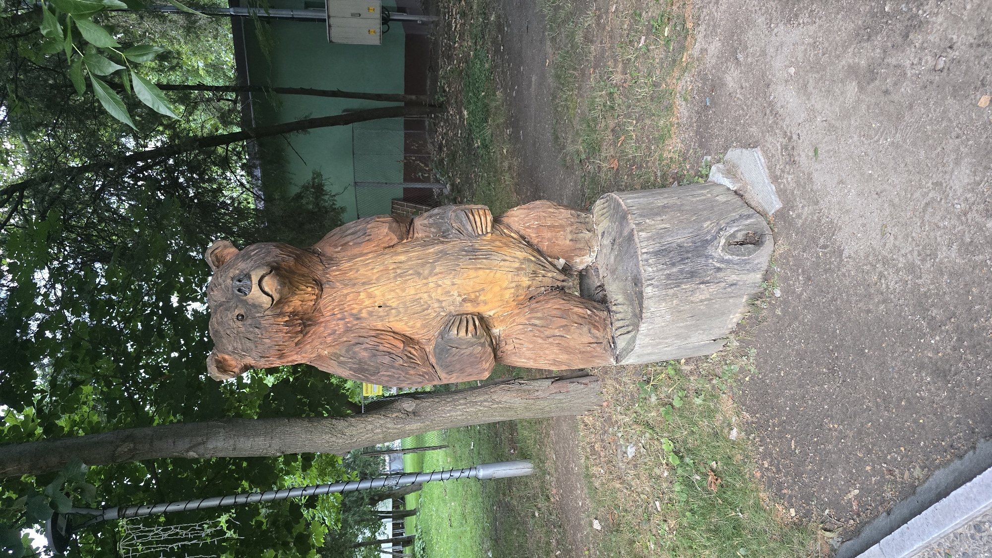This media file features a wooden sculpture of a bear sitting on a log. The bear is carved with detailed fur and has a friendly expression with its mouth slightly open and eyes closed. Its paws are resting on its legs. The sculpture is positioned outdoors, with trees and greenery in the background. The ground is a mix of dirt, grass, and gravel. To the right of the bear sculpture, there is a large, weathered log that appears to be the base for the carving, with a knot resembling an eye. A piece of white material, possibly fabric or plastic, is visible near the base of the log. In the background, a building with a green facade can be seen, along with a fence and more trees. A metal pole with a coiled wire runs horizontally across the middle ground. The scene suggests a park or an outdoor recreational area. The lighting indicates it's daytime, and the greenery suggests it's not winter. There is no visible text in this image, except for a very small yellow sign near the bear's hindquarters, which is illegible.