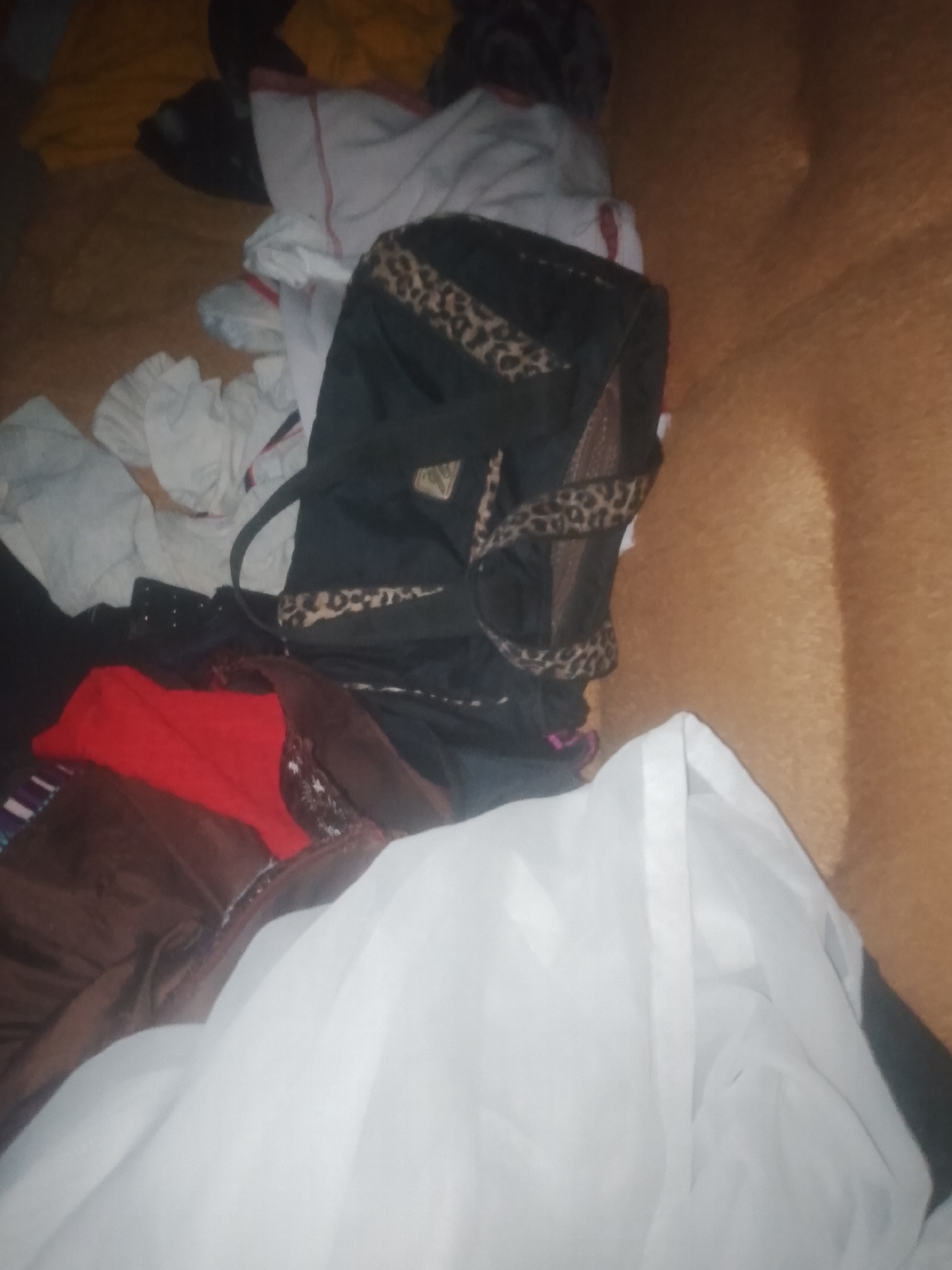 The image depicts a cluttered pile of clothing on a textured, brown surface, possibly a sofa or bed. In the center of the frame, a black duffel bag with leopard print trim is prominent. Various other clothing items, including red, brown, and white garments, are scattered around it. The lighting is dim, creating shadows and obscuring fine details of the fabric textures and the overall environment. The scene appears to be indoors, but the specific location within Jauro Yinu, Nigeria, cannot be determined from the visual information provided. There are no people visible in the image, and no discernible actions or interactions are taking place.