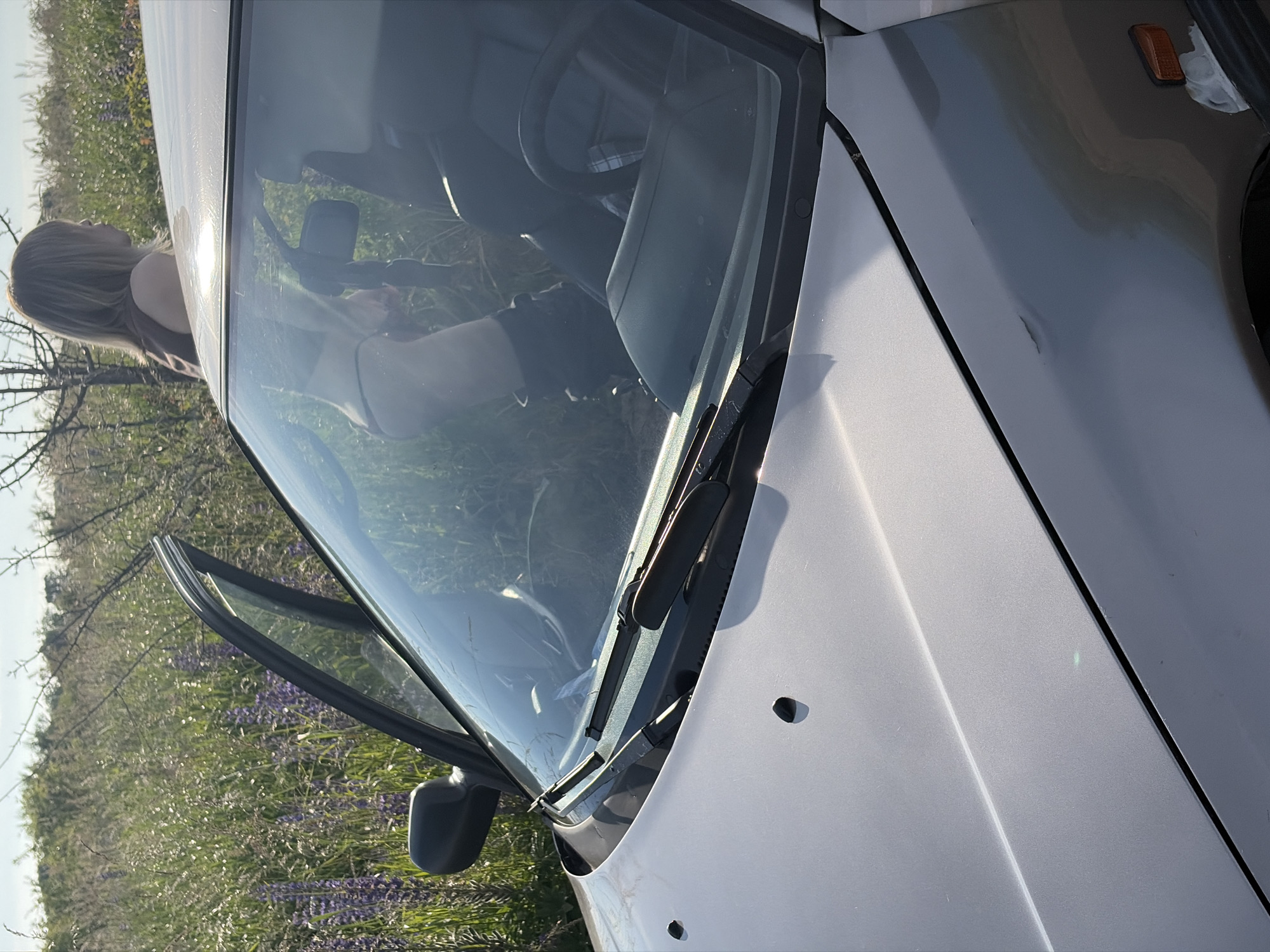 A person wearing a bikini top and bottoms stands near the open driver's side door of a silver car parked in a field of tall grass and purple flowers. The person's back is to the camera as they reach into the car. The car's windshield and hood are visible in the foreground, and the surrounding landscape is a natural environment with a clear sky. The image does not contain any information about the location in the city of Поваровка, Russia.