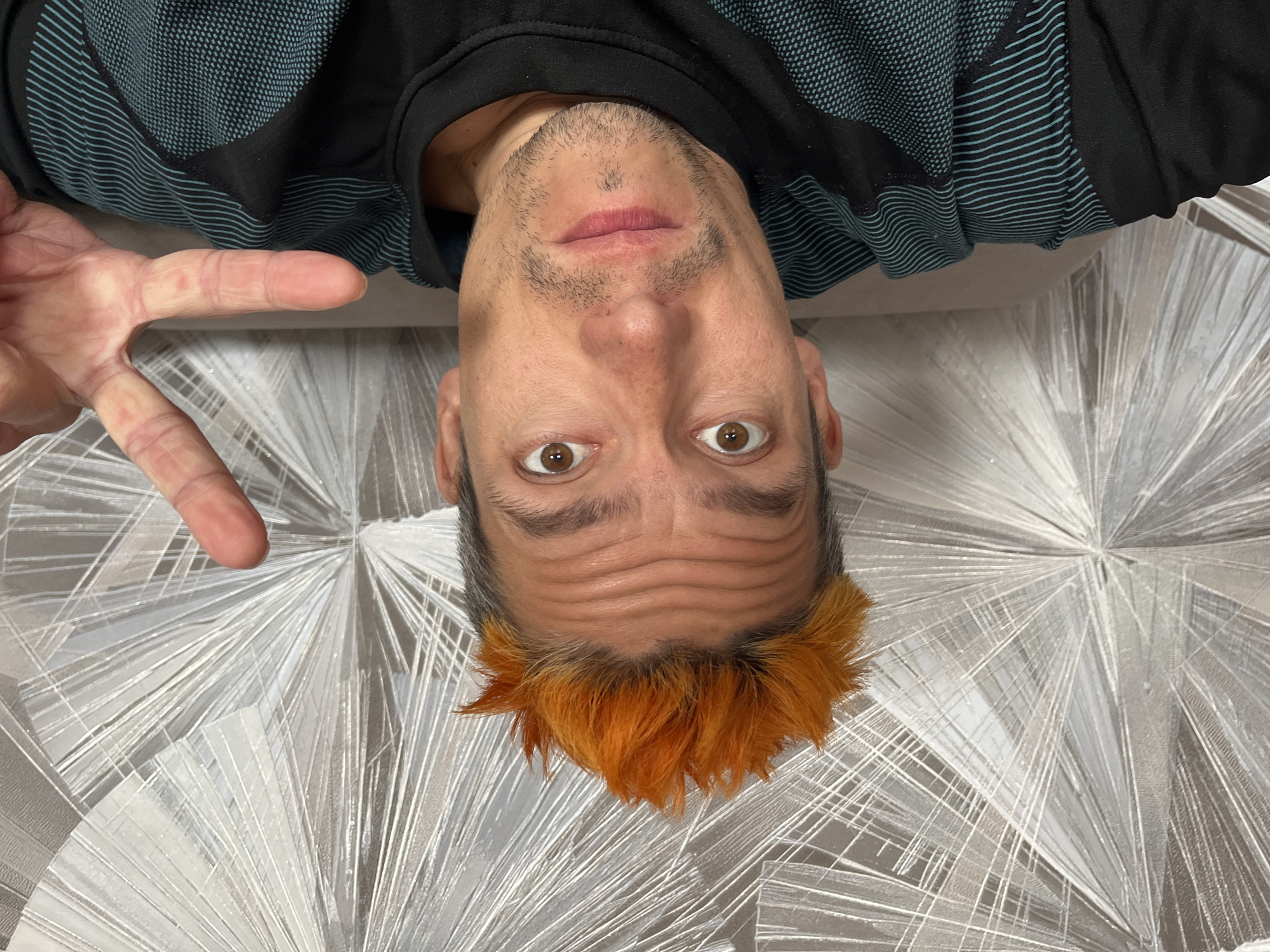 An indoor portrait captures a man from Chaikovsky, Russia, upside down, looking directly into the camera. His head is at the bottom of the frame, positioned against a textured background. He has a fair complexion, short stubble on his face, and distinctively bright orange, spiky hair. His brown eyes are wide open, conveying an intense and direct gaze, and wrinkles are visible on his forehead.
He is wearing a dark, possibly black, long-sleeved top that features light blue horizontal stripes across the torso and a finer dotted or patterned section on the upper chest and shoulders. His left hand is raised to the left of his head, with his index and middle fingers extended to form a "V" gesture, commonly known as a peace sign.
The background is a prominent feature, consisting of a light-colored, possibly white and gray, textured surface. It displays a geometric, radial, or starburst pattern created by numerous thin, angular lines emanating from central points, giving it a somewhat crystalline or abstract appearance. The unusual orientation of the subject suggests he might be lying down and looking up at the camera, creating a playful and unconventional portrait. There are no specific cues for the time of day or weather, as the setting is clearly indoors. No visible text is present in the image.