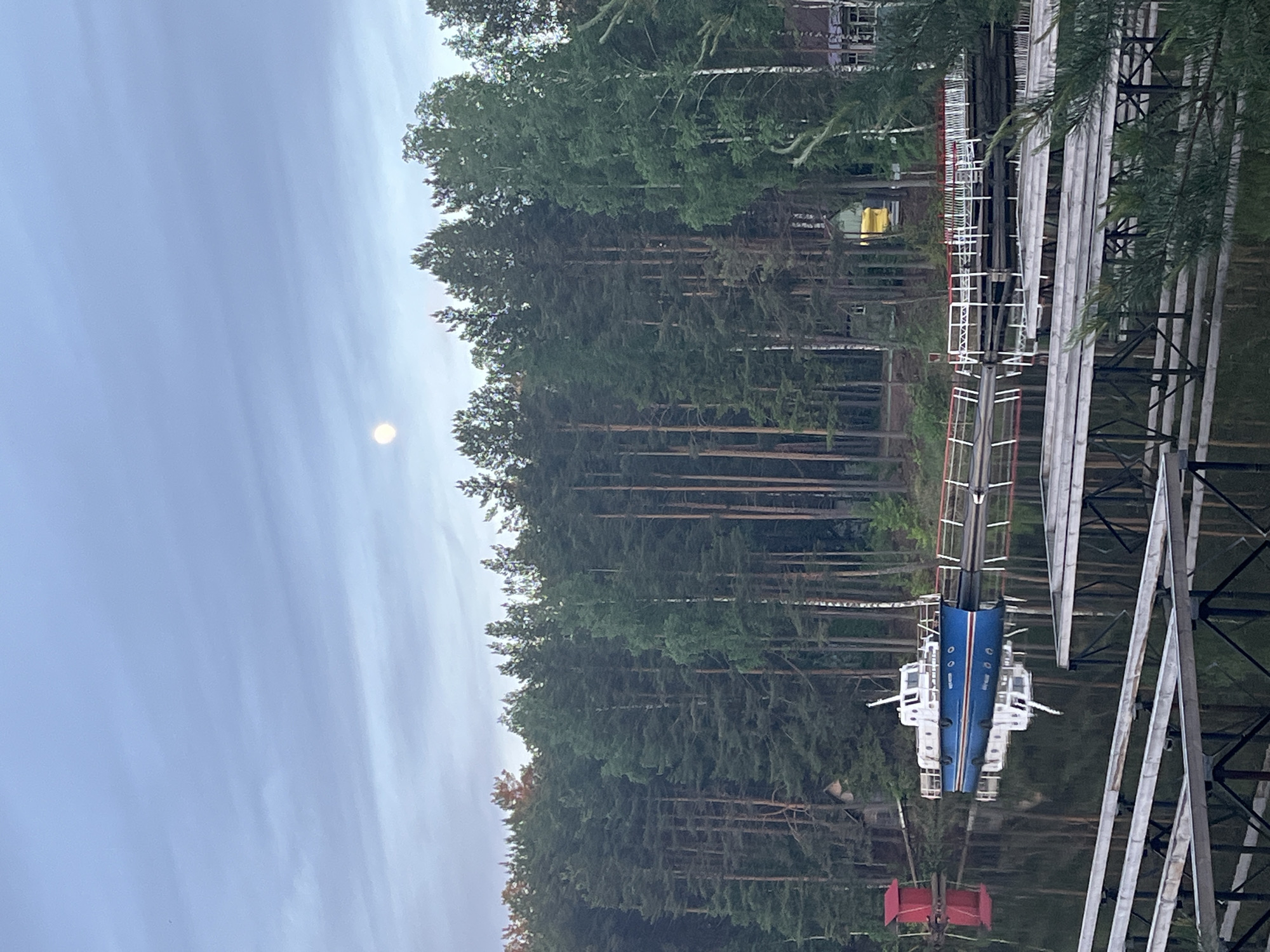 Here is a description of the image:
The image shows a tall forest under a sky with a large, dim moon, and what appears to be a ski lift structure over a body of water. The water reflects the ski lift, the gondola of which is suspended above it. The forest is dense with tall, straight trees. The ski lift is metal, with a red box hanging below the gondola car. A building is visible further along in the forest.