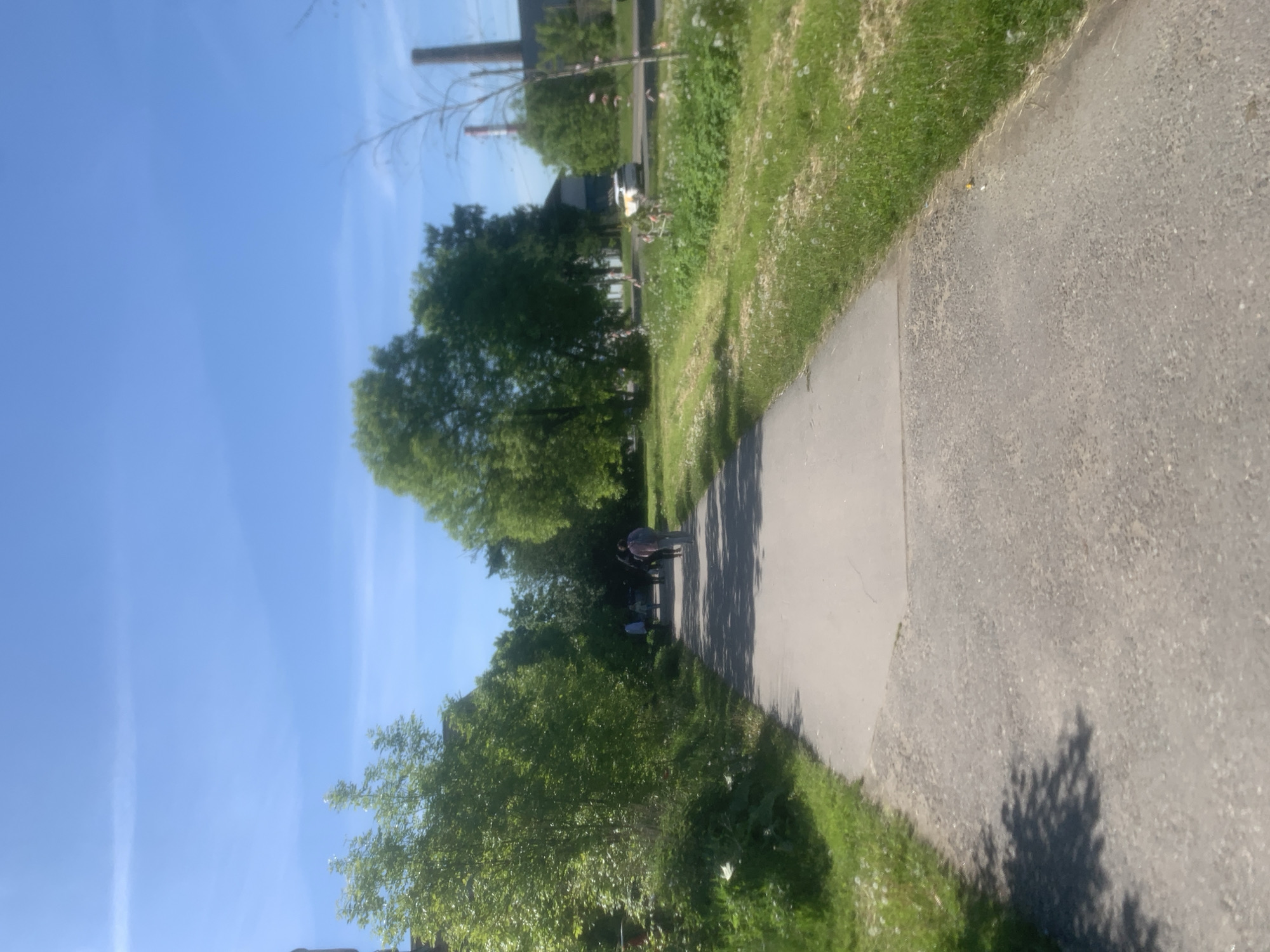 A bright, sunny outdoor scene depicts a paved walking path bordered by lush green grass on the left. The path, appearing to be made of asphalt or gravel, stretches into the distance. Long, distinct shadows of unseen trees fall across the path and the grassy verge, suggesting a strong light source, likely mid-morning or late afternoon sun.
In the mid-ground, a person is walking away from the viewer along the path. Further along, beneath a canopy of green trees, other figures or objects are vaguely visible, suggesting more activity or people gathered in the shade. The path is lined with dense green foliage and trees on both sides, creating a natural corridor.
In the background, beyond the trees on the left, industrial-looking structures with tall chimneys or smokestacks are visible against a clear blue sky, indicating an urban or semi-urban setting adjacent to an industrial area. A light-colored vehicle, possibly a white car or van, can be seen parked or driving in the distance behind some greenery. The sky is largely clear with only a few faint, wispy clouds. No visible text is present in the image.