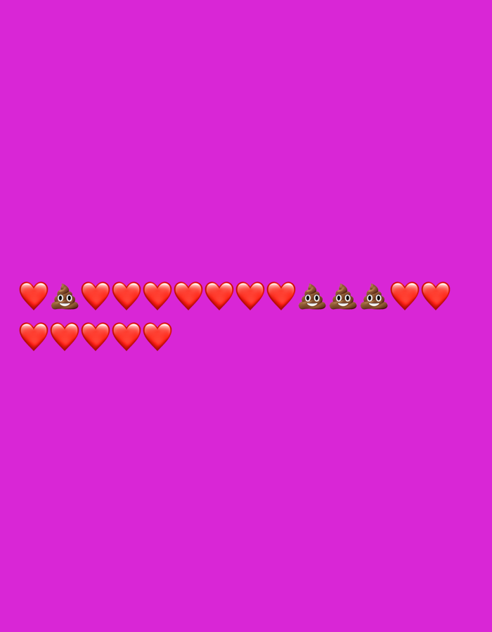 An arrangement of red hearts and smiling poop emojis is displayed horizontally against a vibrant magenta background. The first row features a heart, followed by two poop emojis, then seven hearts, and finally two more poop emojis. The second row consists of five hearts, followed by another five hearts. The entire display is centered in the lower portion of the image.