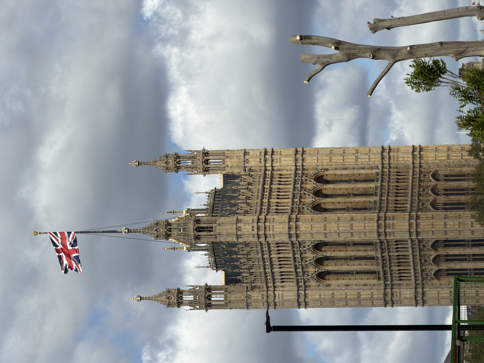 This daytime photograph captures a detailed view of a section of the Palace of Westminster (Houses of Parliament) in London, United Kingdom. The grand Gothic Revival architecture, with its intricate stonework, numerous spires, and arched windows, dominates the left and central portions of the frame.
A Union Jack flag, representing the United Kingdom, is prominently displayed, flying from a flagpole positioned to the upper left of the main building structure. The sky above is largely overcast with a mix of heavy grey and white clouds, although patches of blue sky are visible.
To the right of the building, a large, bare tree with distinct, recently pruned branches stands out against the cloudy backdrop. The clean cuts at the ends of its branches are visible. Below this tree, some green foliage, likely shrubs or smaller trees, adds a touch of natural color. In the bottom right corner of the image, a dark pole and a partial view of a green metal fence or cage structure can be seen. No people or specific activities are depicted, focusing instead on the architectural and natural elements. There is no visible text.