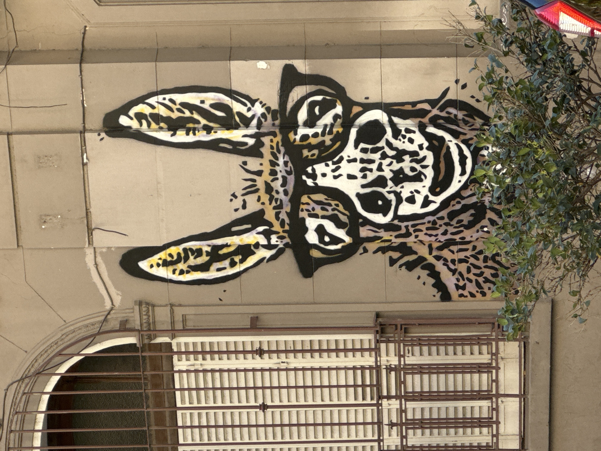 The image depicts a mural on a beige building facade in Buenos Aires, Argentina. The mural features a stylized, elongated animal head with large ears, patterned with black spots and outlined in black. The head is positioned above a window covered with a white metal grate with iron detailing. A tree with green leaves partially obscures the right side of the mural and the facade. The building's exterior shows signs of wear and age.