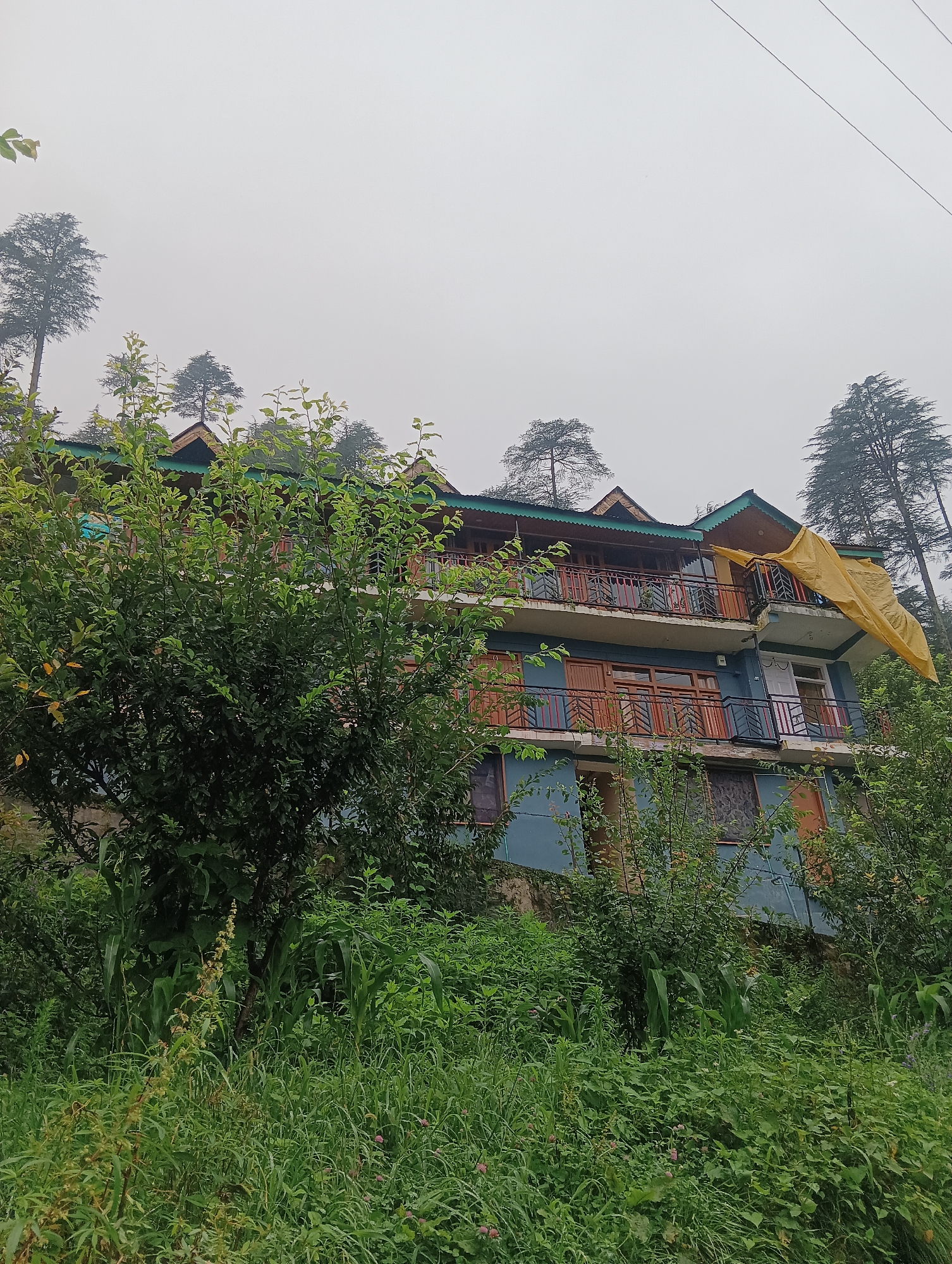 The image depicts a three-story building with a blue facade, featuring multiple balconies with railings. The balconies are decorated with wooden accents and some have laundry hanging. A yellow tarp is draped over one of the upper balconies. The building is surrounded by dense green foliage, including trees and bushes. Tall pine trees are visible behind the building, and the sky is overcast and hazy. The scene appears to be located in a hilly or mountainous region, consistent with the setting of Manali, India, likely a guesthouse or residential property. There are no people visible in the image.