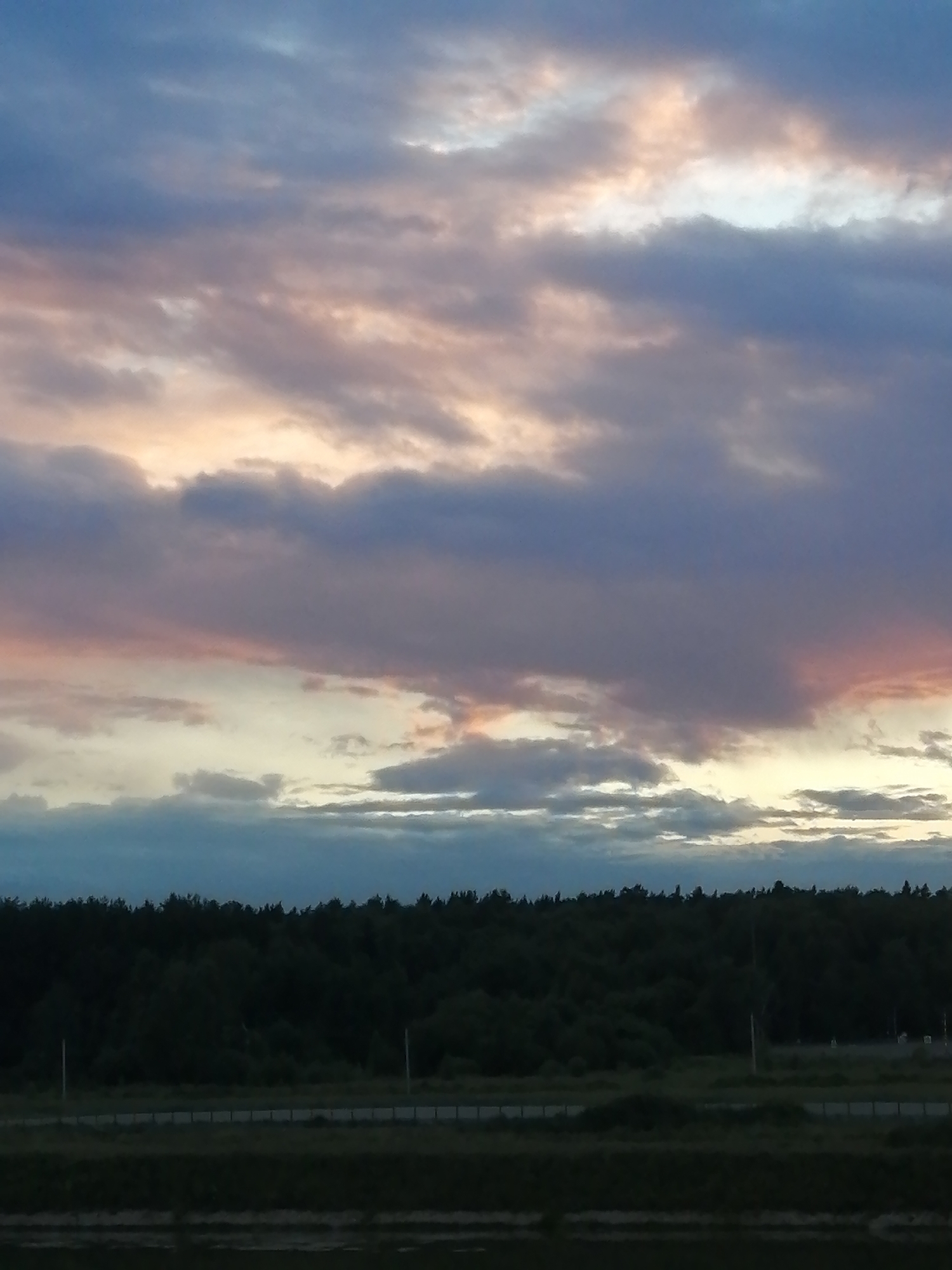 This is a landscape photograph featuring a dark forest silhouetted against a dramatic sky. The sky is filled with a variety of clouds, some dark and heavy with shades of blue and grey, while others are illuminated with soft pinks and oranges, suggesting a sunset or sunrise. The light filtering through the clouds creates a dynamic and textured effect.
Below the sky, a dense line of dark green trees forms a distinct horizon. This forest appears to be extensive, stretching across the frame. In front of the forest, there is a hint of a flat landscape, possibly a field or meadow, which transitions into a road or pathway. The road is marked by a faint fence or barrier. The overall scene is tranquil and evocative, with the dramatic sky dominating the upper portion of the image. The time of day is either dawn or dusk, as indicated by the colored light in the clouds and the deep shadows. There is no visible text in the image. The location is not specified, but the presence of a dense forest and open land suggests a rural or natural setting.