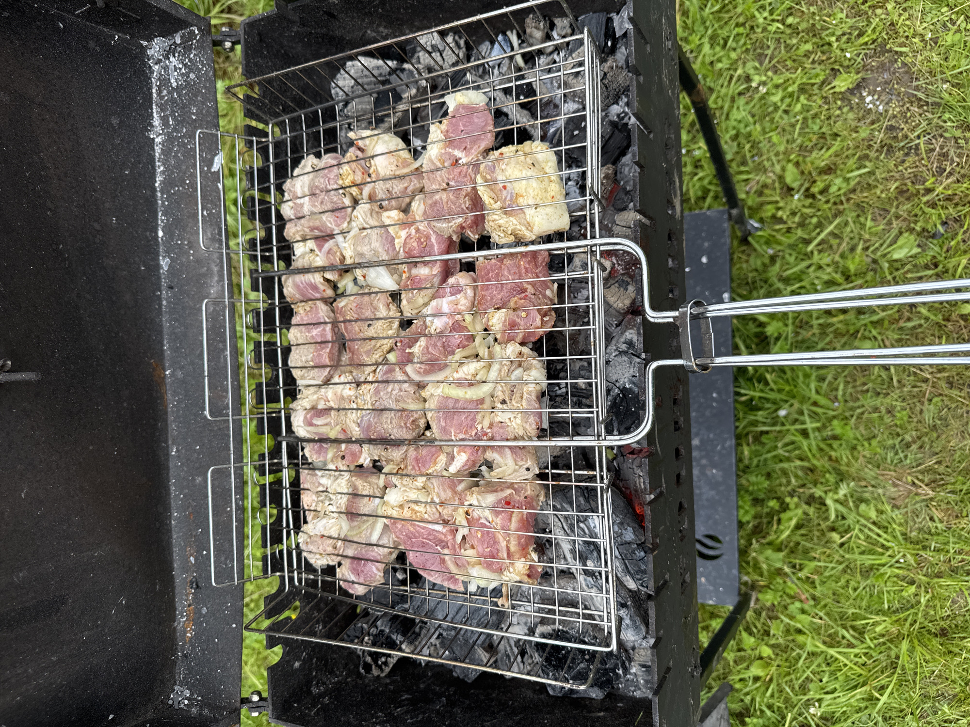 The image shows a close-up, top-down view of a barbecue grill filled with marinated meat and onions. The grill is set over hot coals, some of which are glowing red. The meat appears to be pork, cut into bite-sized pieces and arranged in a single layer on a metal grate. Some pieces of onion are interspersed with the meat. The grill itself is black metal and is situated outdoors on a patch of green grass. The background is slightly blurred, but suggests a natural setting, possibly a backyard or park. The location is identified as Подолино Ст, Russia. There are no people visible in the image. The scene depicts food preparation in an outdoor setting.