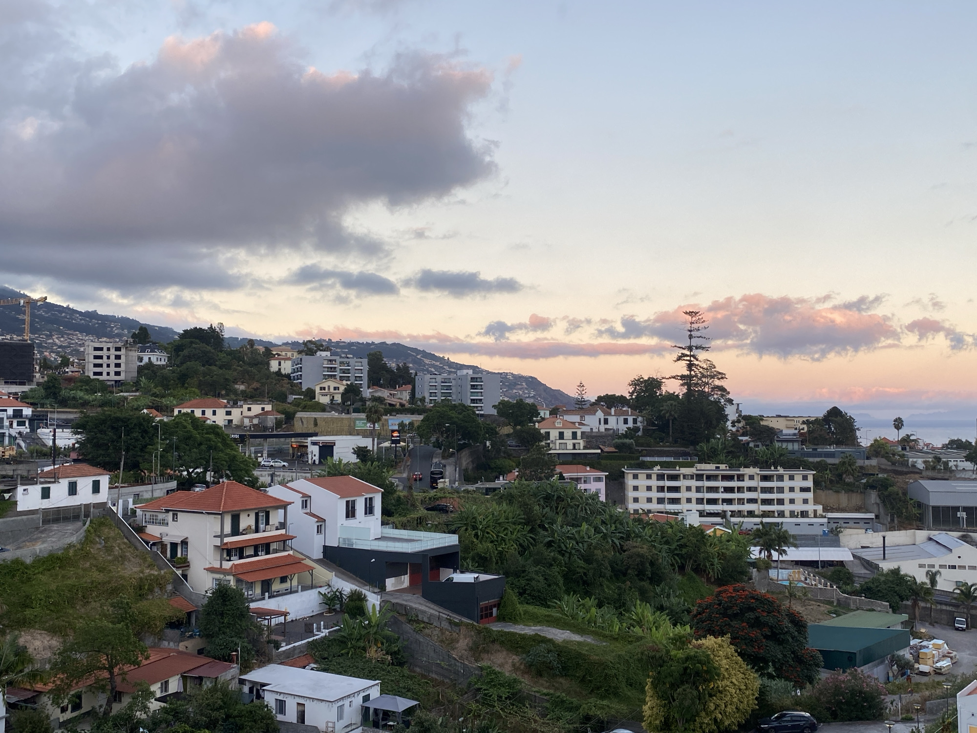 This is an aerial, wide-angle view of a residential and commercial area in Funchal, Portugal, captured at dusk. The scene is dominated by a hillside covered with buildings, lush vegetation, and a dramatic sky. The architecture varies, from multi-story apartment buildings and villas with red-tiled roofs to industrial structures. Roads wind through the cityscape, with a few vehicles visible. The foreground shows residential properties with courtyards and gardens, while the midground features a mix of homes and commercial buildings, including what appears to be a gas station. The background reveals more densely packed buildings ascending a steep hillside, with the ocean visible in the distance under a sky filled with soft pink and gray clouds. The overall impression is one of a vibrant, hilly coastal city at the end of the day.