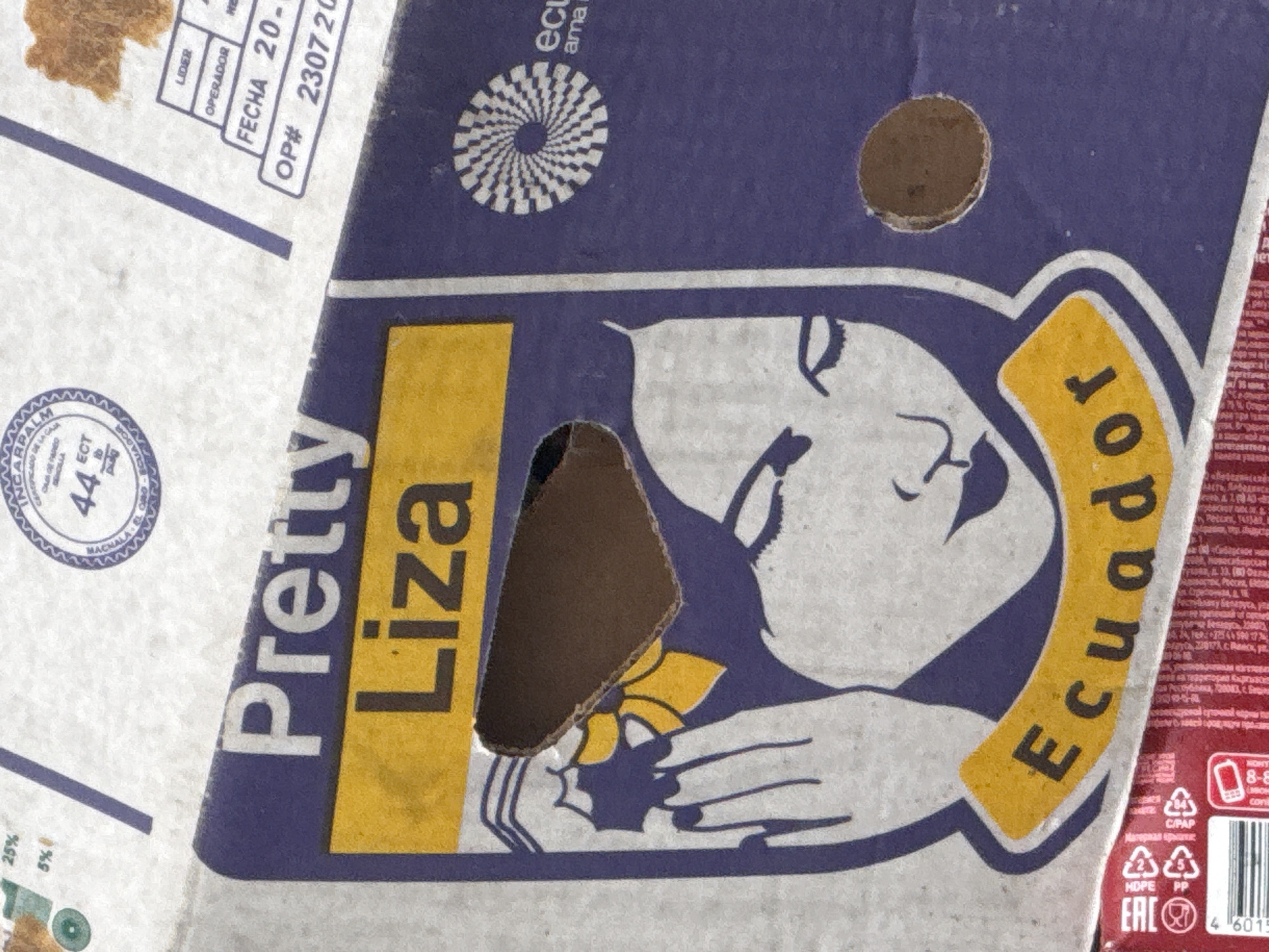 A close-up shot shows a cardboard box with a label that reads "Pretty Liza Ecuador". The label features a graphic of a woman's face and hands holding what appears to be a flower. Text around the graphic includes "Pretty Liza" in white font on a yellow vertical rectangle, and "Ecuador" in yellow font on a yellow curved rectangle. There are two holes cut into the box, one obscuring part of the woman's face and the other above her head. Other text fragments are visible on the box, including "OPERADOR", "FECHA 20-", and "OP# 2307 20". Recycling symbols and a barcode are also visible. Another label fragment is visible in the upper left corner with a "44" and "ECT". No people or actions are directly visible. The setting is unclear, and there's no information indicating the city of Sochi, Russia.