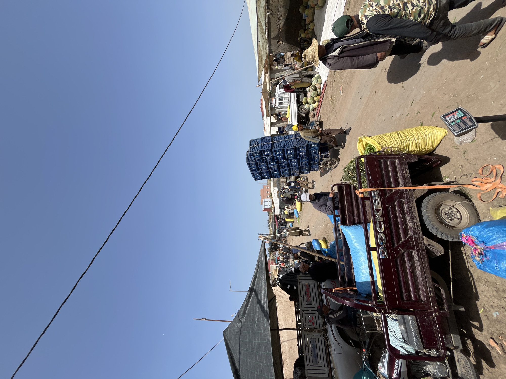 This image captures a vibrant, bustling outdoor market scene in Jamaat Shaim, Morocco, under a clear and bright blue sky, indicating daytime with strong sunlight. The ground is unpaved dirt.
Numerous people, mostly men, are present throughout the market, engaged in buying, selling, and transporting goods. In the foreground, one person wearing a camouflage jacket and a green cap stands near a large digital scale and a substantial yellow sack filled with green produce. Another person with a straw hat is also visible.
The market features various goods, including large piles of watermelons or similar melons stacked on the ground. A prominent stack of numerous blue plastic crates is loaded onto a cart or a small vehicle in the mid-ground. Several vehicles are used for transport and selling: a dark red three-wheeled cargo vehicle, often referred to as a moto-rickshaw, is prominent in the foreground, loaded with blue sacks. The word "DOCKER" is clearly visible in yellow letters on its side. Further into the scene, a white truck is also laden with produce. A large black tarp provides shade over a section of the market. A black utility line stretches across the upper part of the clear blue sky. The scene conveys a lively, active commercial environment.