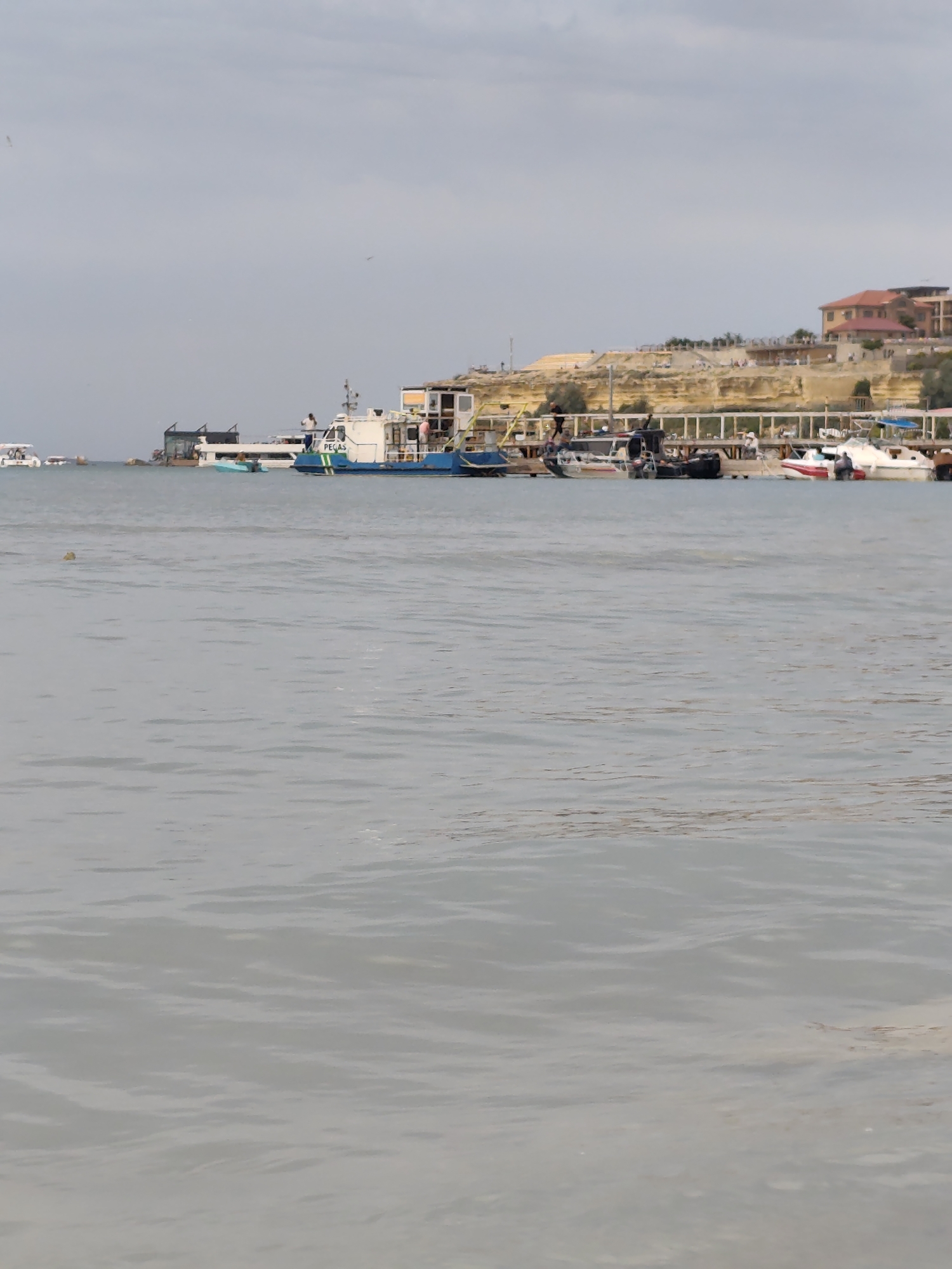 A coastal view in Aktau, Kazakhstan, features a calm, gray sea in the foreground. In the midground, a harbor is lined with various boats, including a white and blue patrol boat with "PEGAS" written on its side, a white motorboat, and several smaller vessels. Beyond the harbor, a sandy cliff rises, topped with buildings and a wooden walkway. The sky is overcast with a pale gray hue.